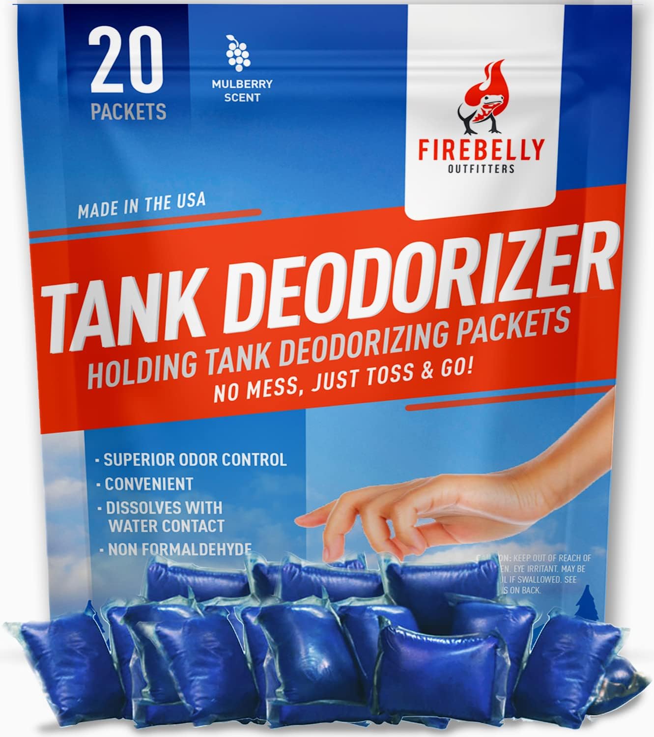Firebelly Outfitters RV Septic Tank Treatment, Holding Tank Deodorizer, Sewer Solution - 20 Packets, Mulberry Scent - Marine, Camper, Portable Toilet Odor Eliminator, Formaldehyde Free, USA