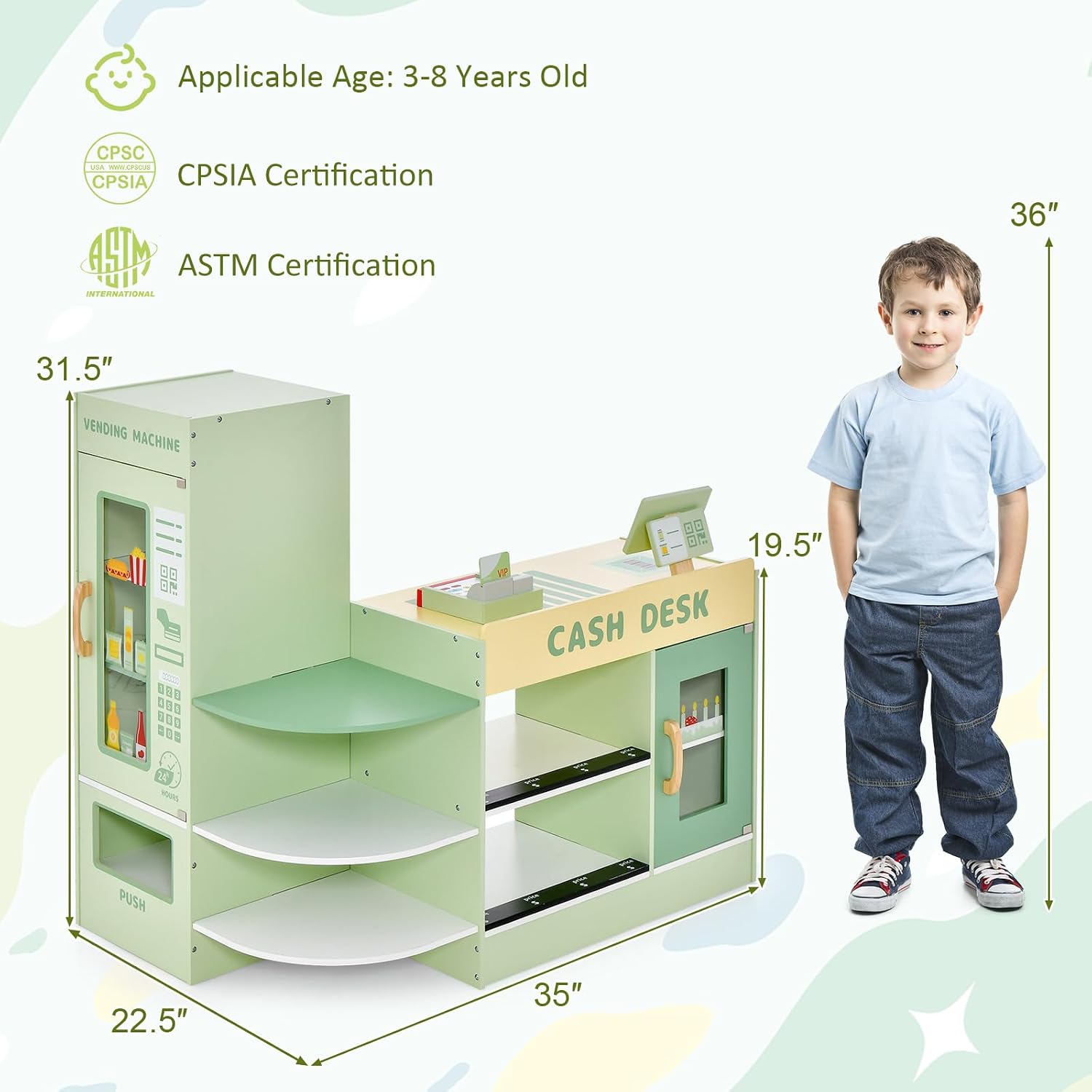 GLACER Grocery Store Pretend Play, Wooden Kids Grocery Store Playset w/15 PCS Accessories, Cash Register, POS & Vending Machine, Chalkboard, Play Store for Toddler 3-8, Gift for Boys & Girls(Green)