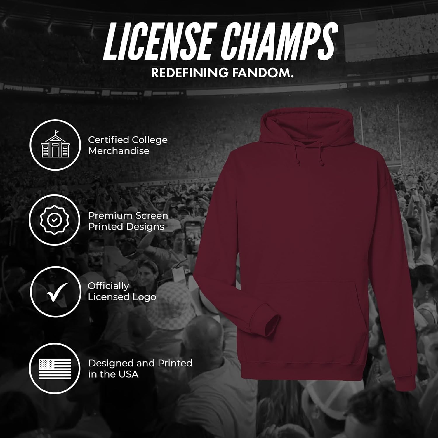 License Champs Hooded Sweatshirt | Official NCAA College Merch | Mens Womens Adult Hooded Sweatshirt | Mens Womens | Bar Logo