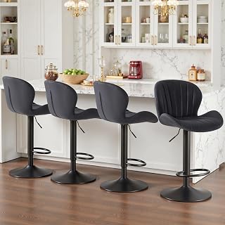 Sweetcrispy Set of 4 Adjustable Swivel Bar Stools Black Fabric Counter Height with Backrest for Kitchen Island