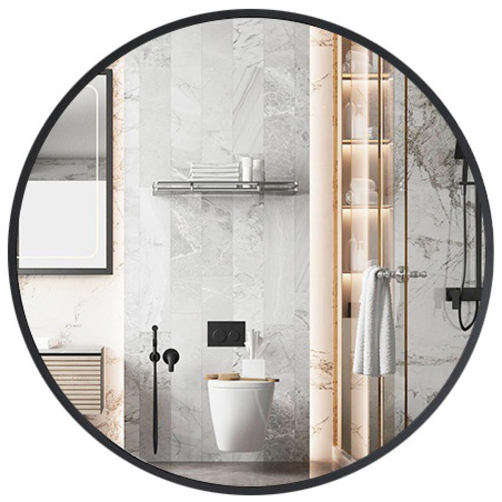 Miroir rond noir en métal suspendu au design épuré pour entrée chic