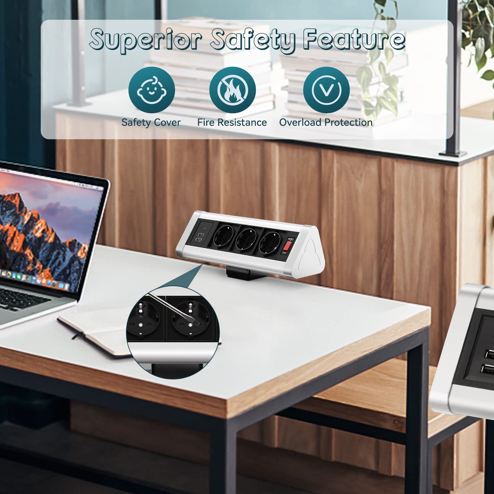 Tafelstopcontact met 2 USB C GaN PD 65 W, 3-voudige stekkerdoos, bureau, 3 m kabel, aluminium stopcontact, bureau, klembaar, tafelstopcontact, meervoudig stopcontact voor meubels of werkbladen