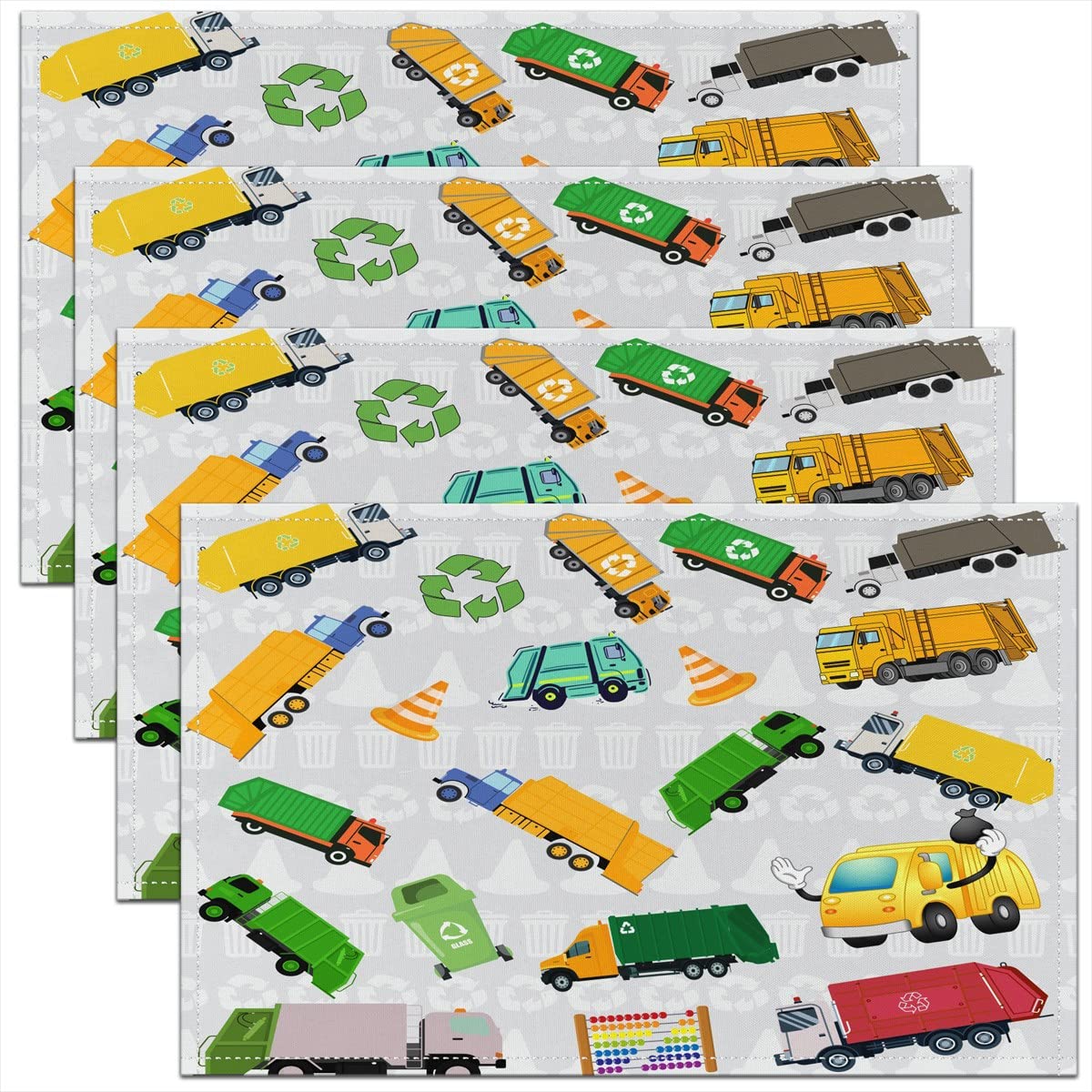Garbage Truck Placemat for Kitchen Dining Table Indoor Outdoor,Cartoon Vehicles Placemats Set of 4 Equipment Trucks Table Place Mats, Placemats 45x30cm