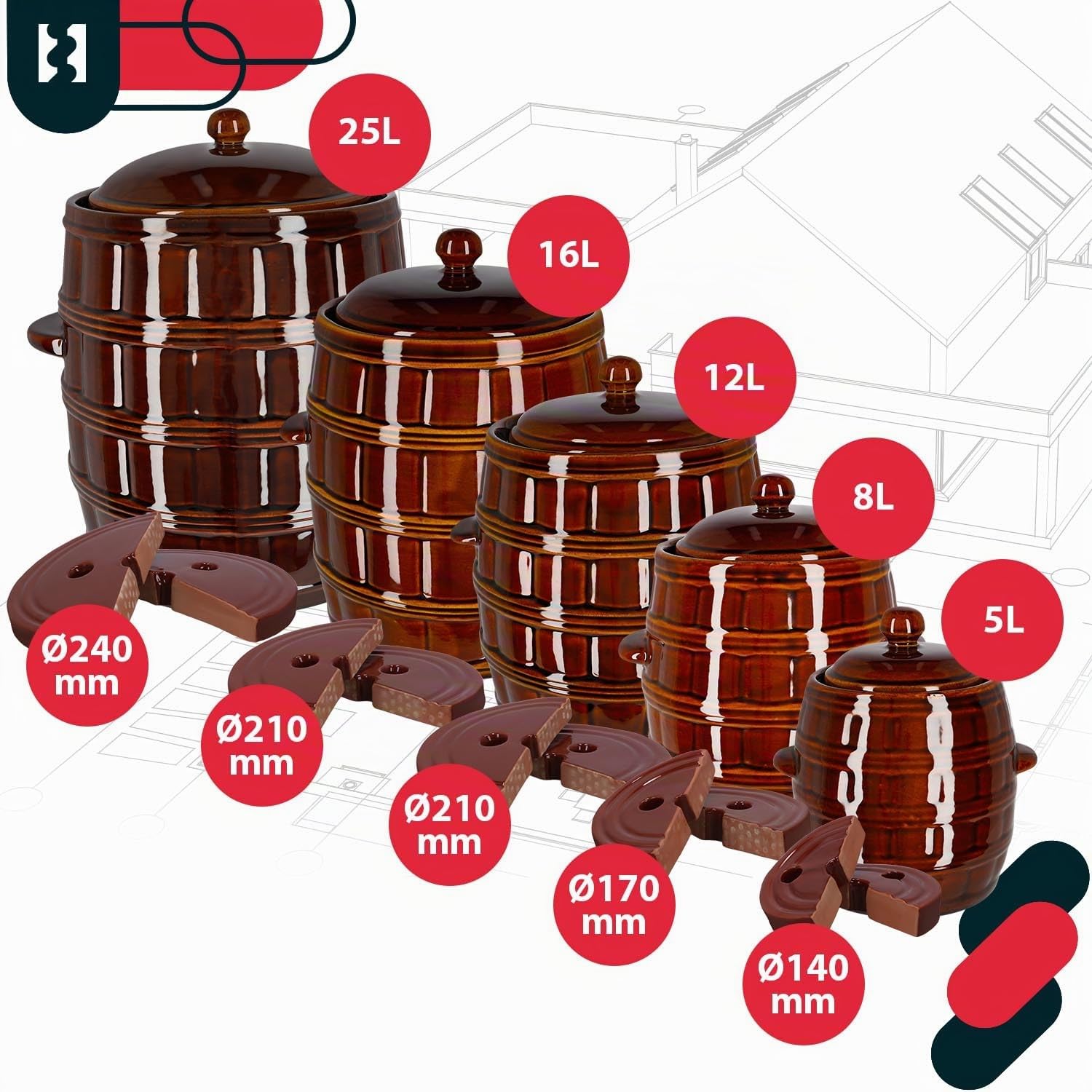 KOTARBAU® Pot à fermentation en faïence, 8 l, avec couvercle et pierre de lestage, hermétique, pour choucroute, concombre, en terre cuite, en faïence, marron