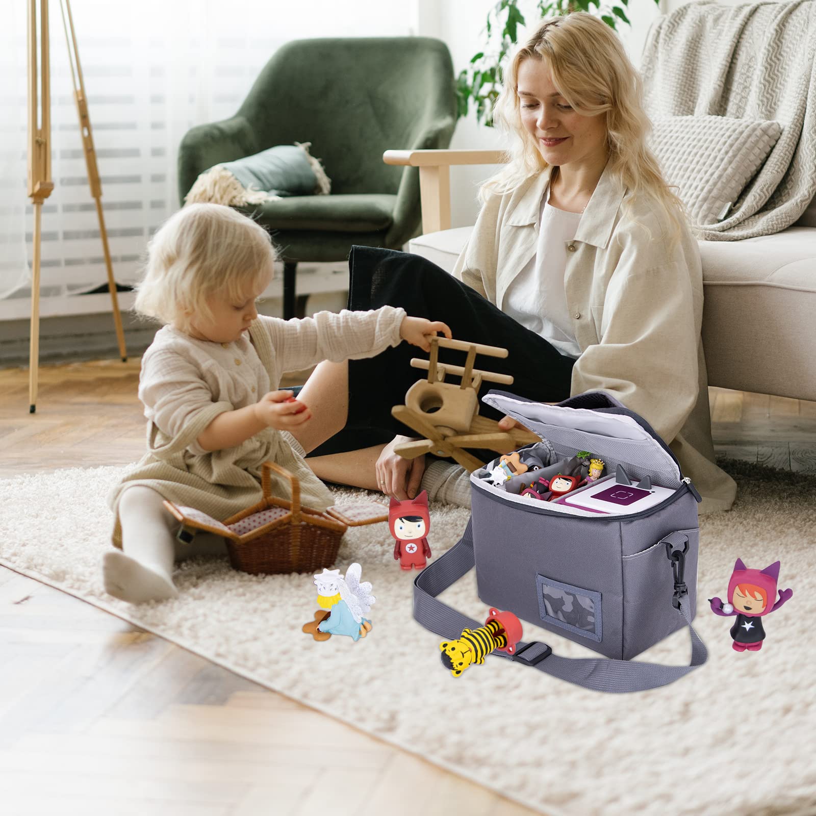 Chedin Borsa bagagli per bambini, molto spazio per Toniebox, statuette di tigre, pellicola per il trasporto, personaggi musicali, caricatore, cuffie, Tigercard ideale per Tonie Starter set (grigio