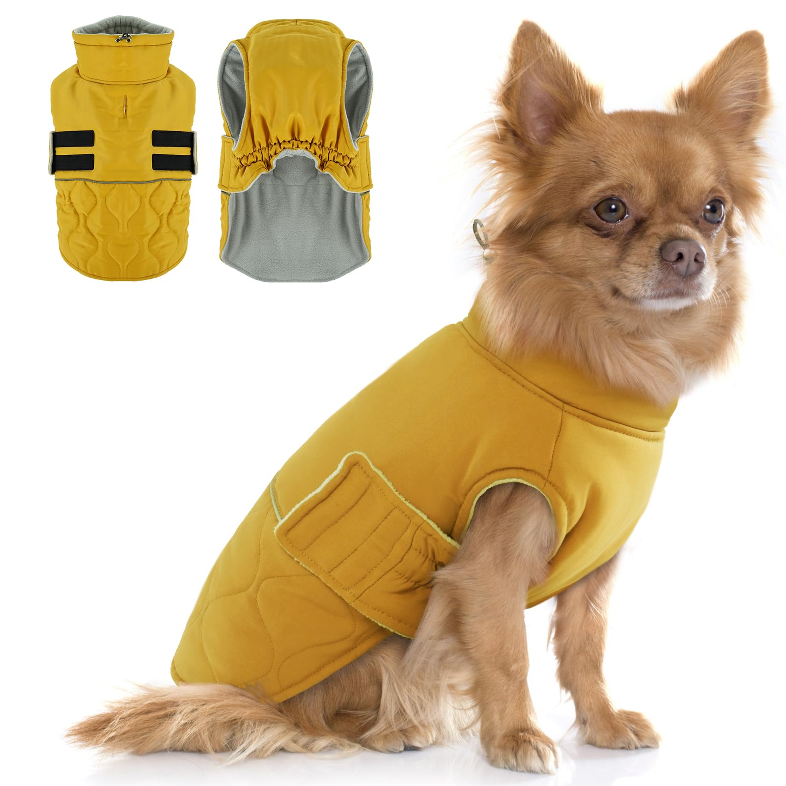 Hjumarayan Dog Winter Coat, Fleece Lined Warm Dog Jacket with Harness Hole, Reflective Quilted Coat Water-resistant for Small Dogs, Maltese, Shih Tzu (Yellow S)