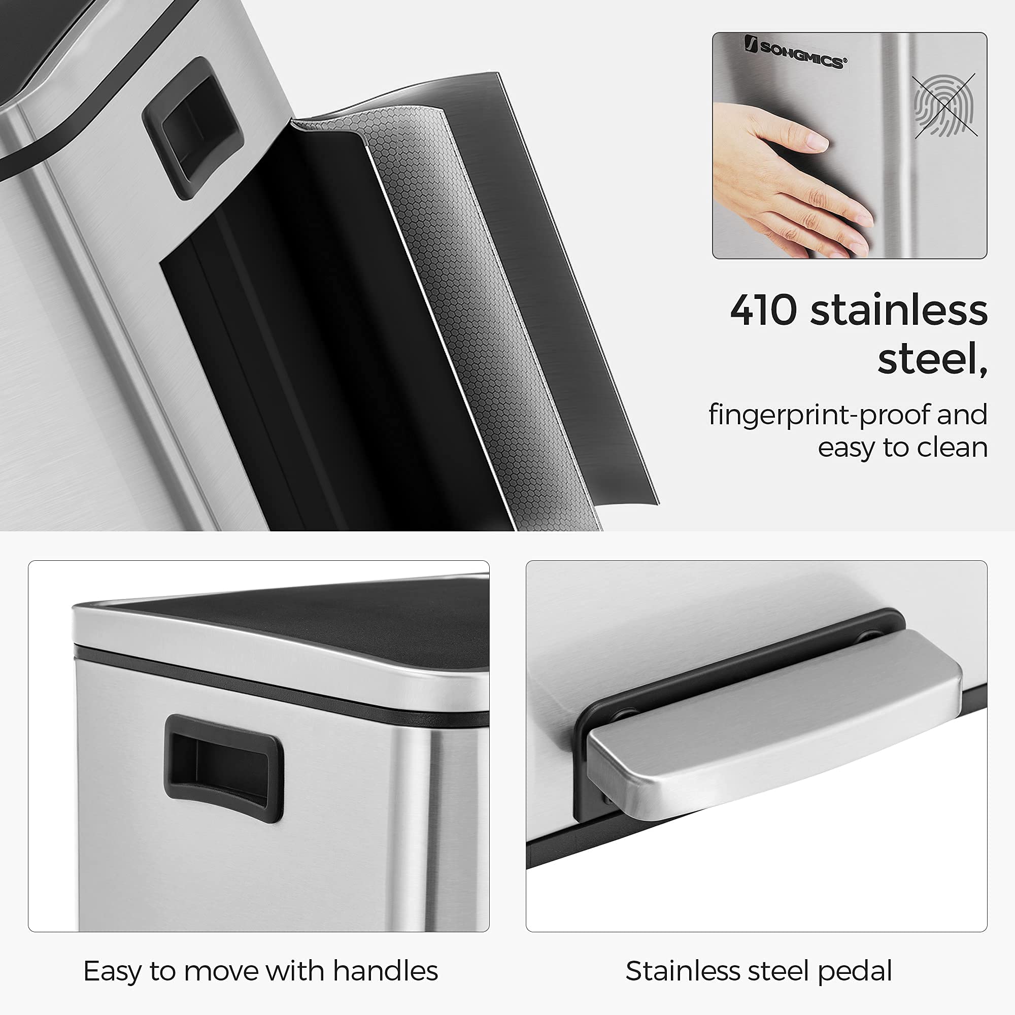 SONGMICS Dual Trash Can, 12.7 Gallon (2 x 24L) Recycling Rubbish Bin, with Lid, Inner Buckets