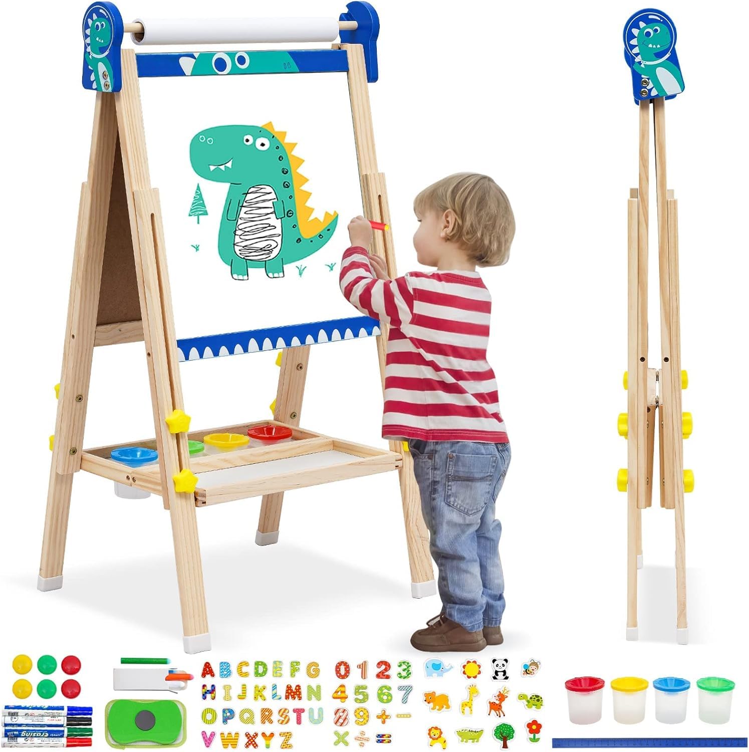 Kids Easel Double Sided Toddler Wooden Easels Chalkboard Whiteboard Wooden Art Easel Height Adjustable 95-125cm(37.4-49.2in) with Paper Roller Numbers Alphabet Animal Accessories