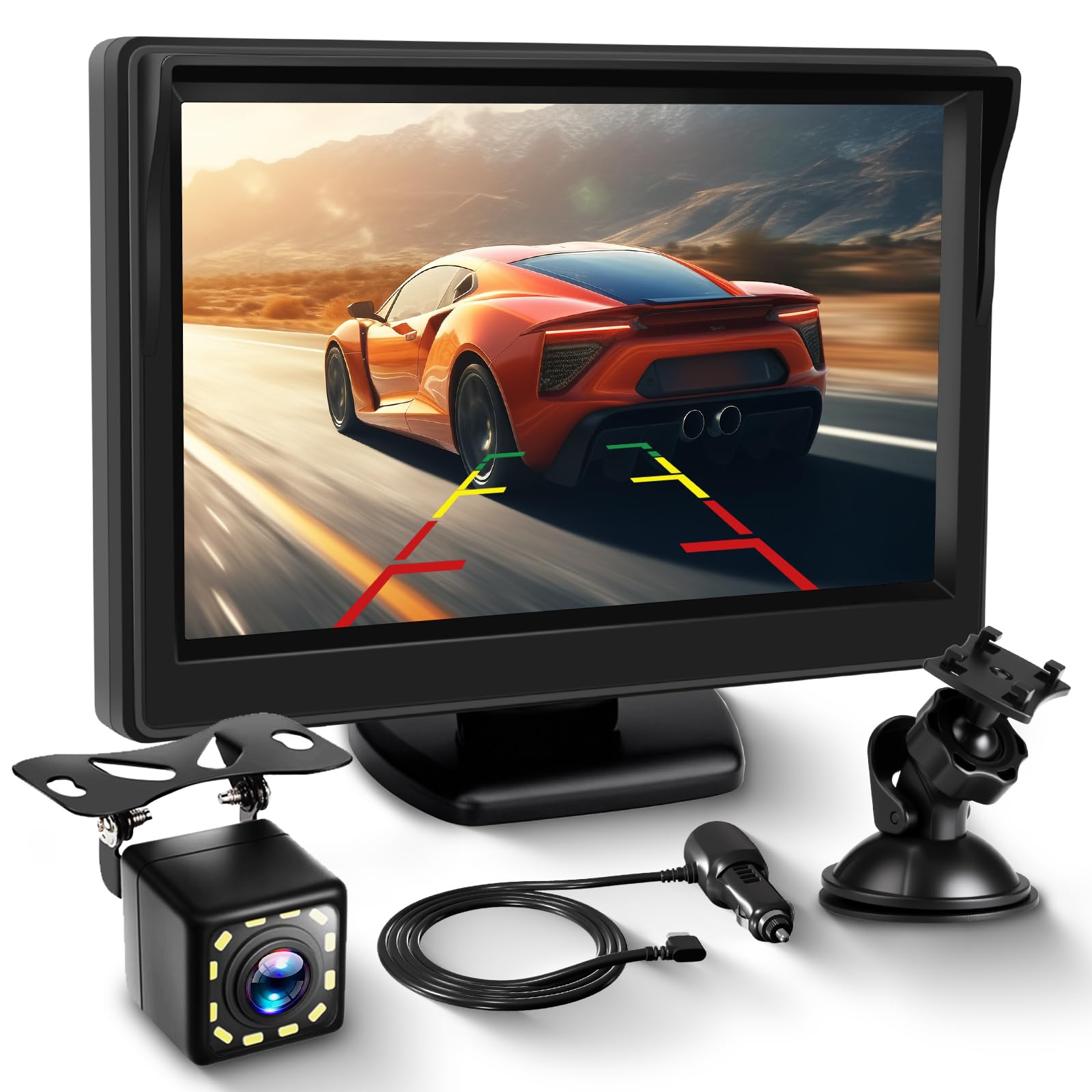 VECHTEL Camara Marcha Atras 4.3 Pulgadas HD Monitor Kit con Cámara, Cámara Trasera mit Impermeabilidad IP68 Visión Nocturna Súper Gran Angular Línea de Marcha Atrás, Cable de 10 m