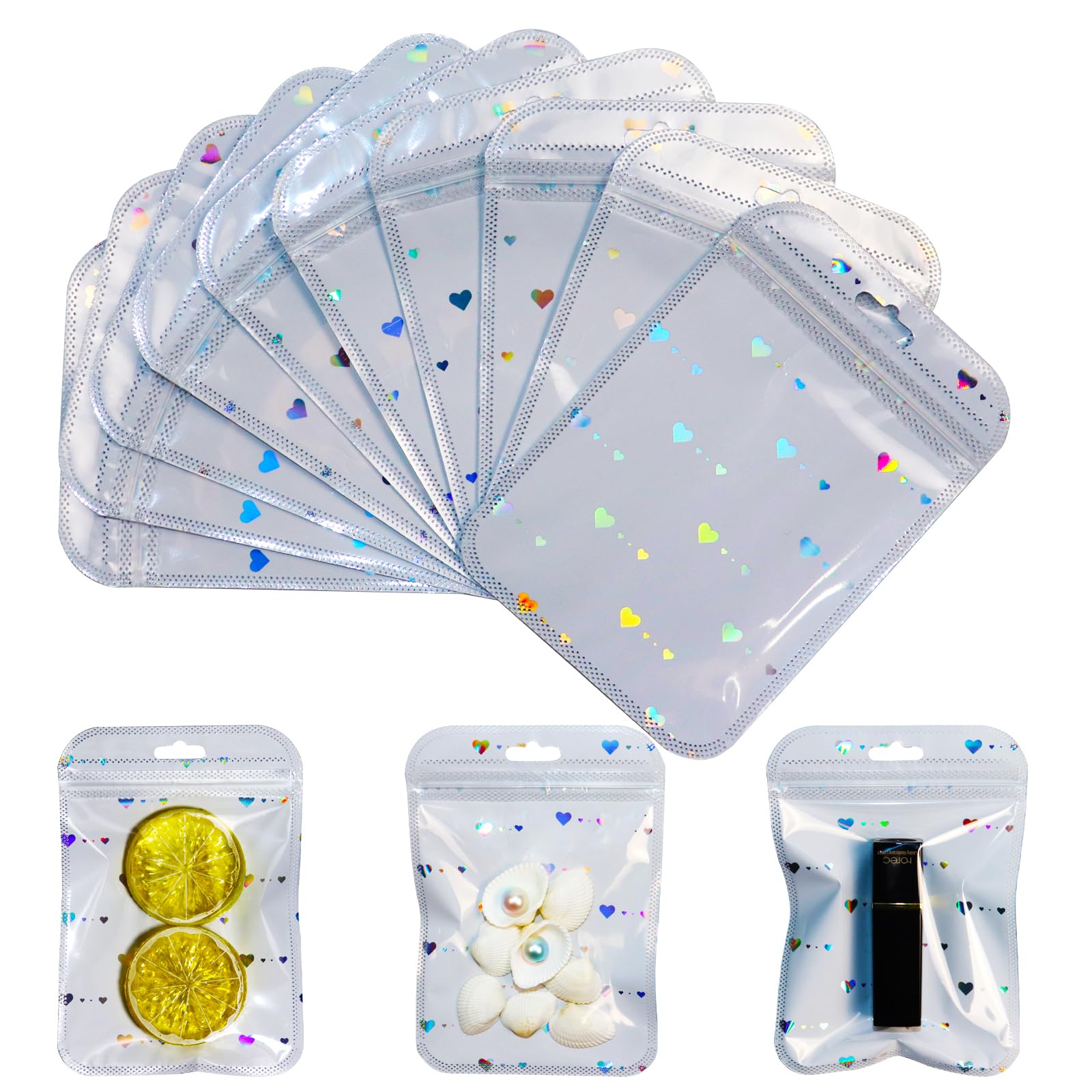 Cglrybo Colorful 3 100 Pcs Mylar Resealable Holographic Bags，4X9inch Aluminium Self Sealing Zip Lock Storage Bags For Gift Jewellery Sample，Cookie Chocolates Biscuit Sweets Candy