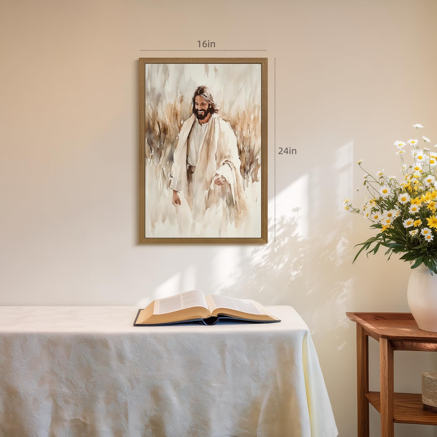 Grajoy Wood Framed Jesus Smiling Wall Art, Christian Neutral Beige Wall Decor, Inspirational Religious Faith Poster Print, Jesus Walking Canvas Painting for Prayer Room Living Room 12x16 Inch