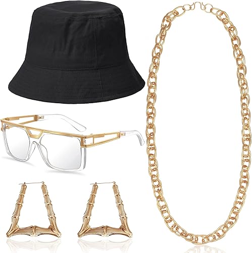 Disfraz de Halloween de los años 8090, kit de disfraz de hip hop, accesorios de rapero, sombrero de pescador, gafas de sol, cadena de cuerda de oro