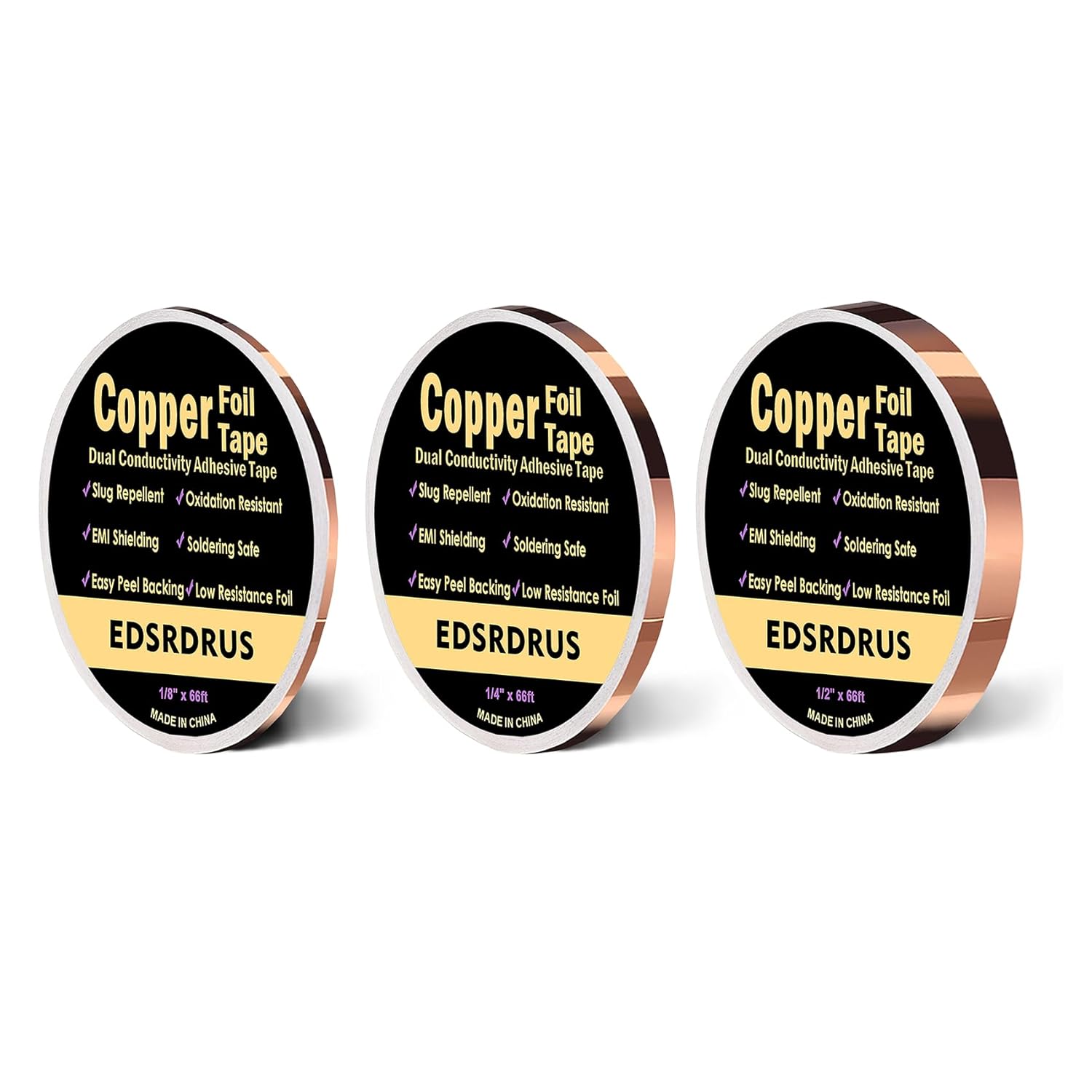 EDSRDRUS Copper Foil Tape with Conductive Adhesive, Double-Sided Pure Copper for EMI Shielding, Stained Glass, Soldering, Slug Barrier, Electrical Repairs (1/4inch x 66ft)