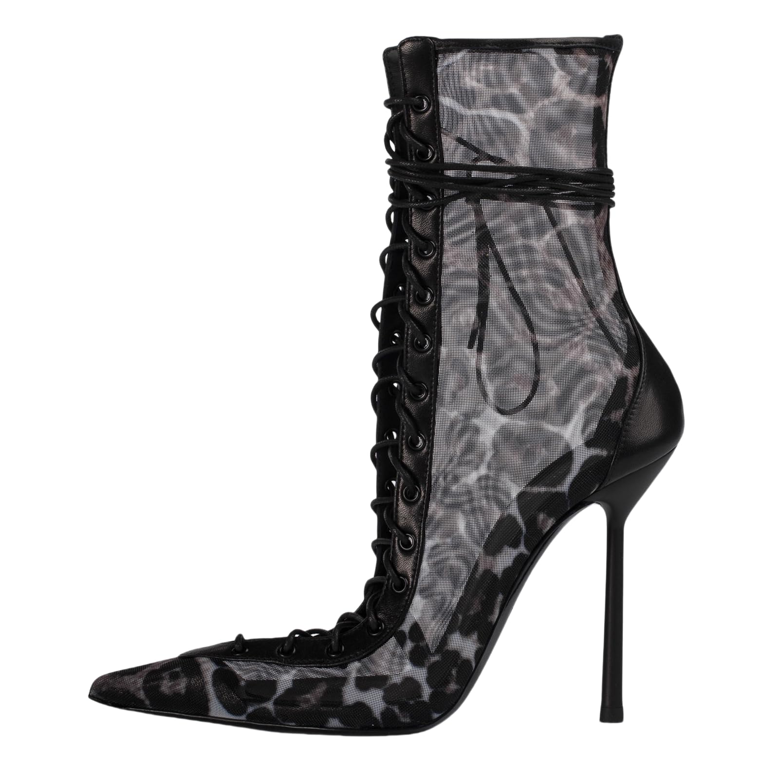 Mesh Ankle Boots for Women Kitten High Heels Pointed Toe Lace-Up Short Booties Sexy Fall Shoes