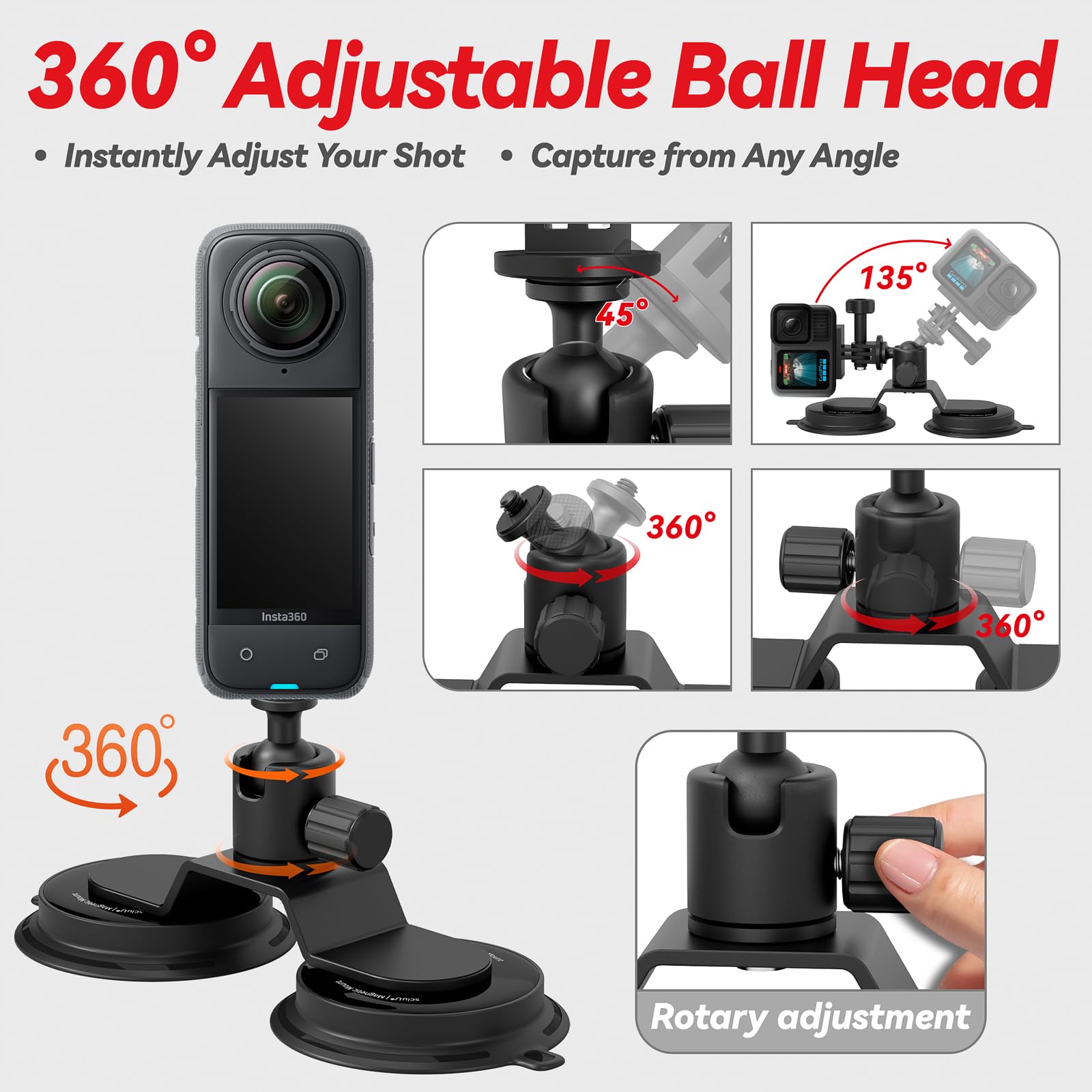 sciuU Support Magnétique – compatible avec GoPro, DJI Action, Insta360 X5 / X4 / Ace Pro & Caméras d'Action – Adaptateur à vis 1/4″, Tête à rotule 360°, Design Magnétique & Sillicone Ventouse Puissant