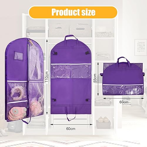 Vista 11 de Paquete de 2 bolsas de ropa para colgar ropa de viaje, bolsa de baile de 40 pulgadas, bolsas de ropa de baile para bailarines, artículos esenciales