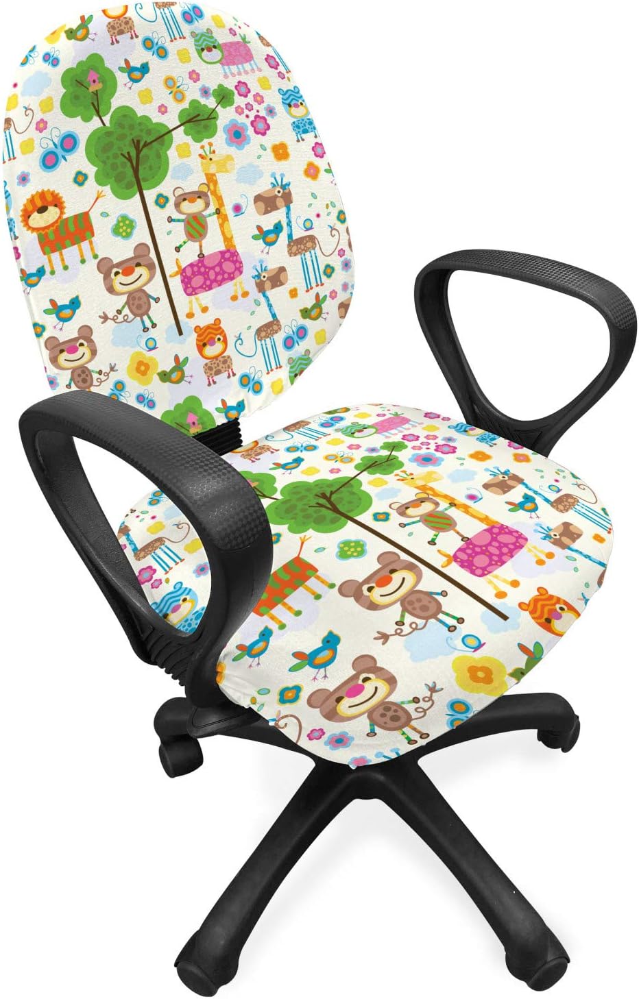 Ambesonne Zoo Office Chair Slipcover, Happy Friendly Jungle Animals Giraffe Monkey and Butterfly Trees Flowers Zoo Nature, Protective Stretch Decorative Fabric Cover, Standard Size, Blue Brown
