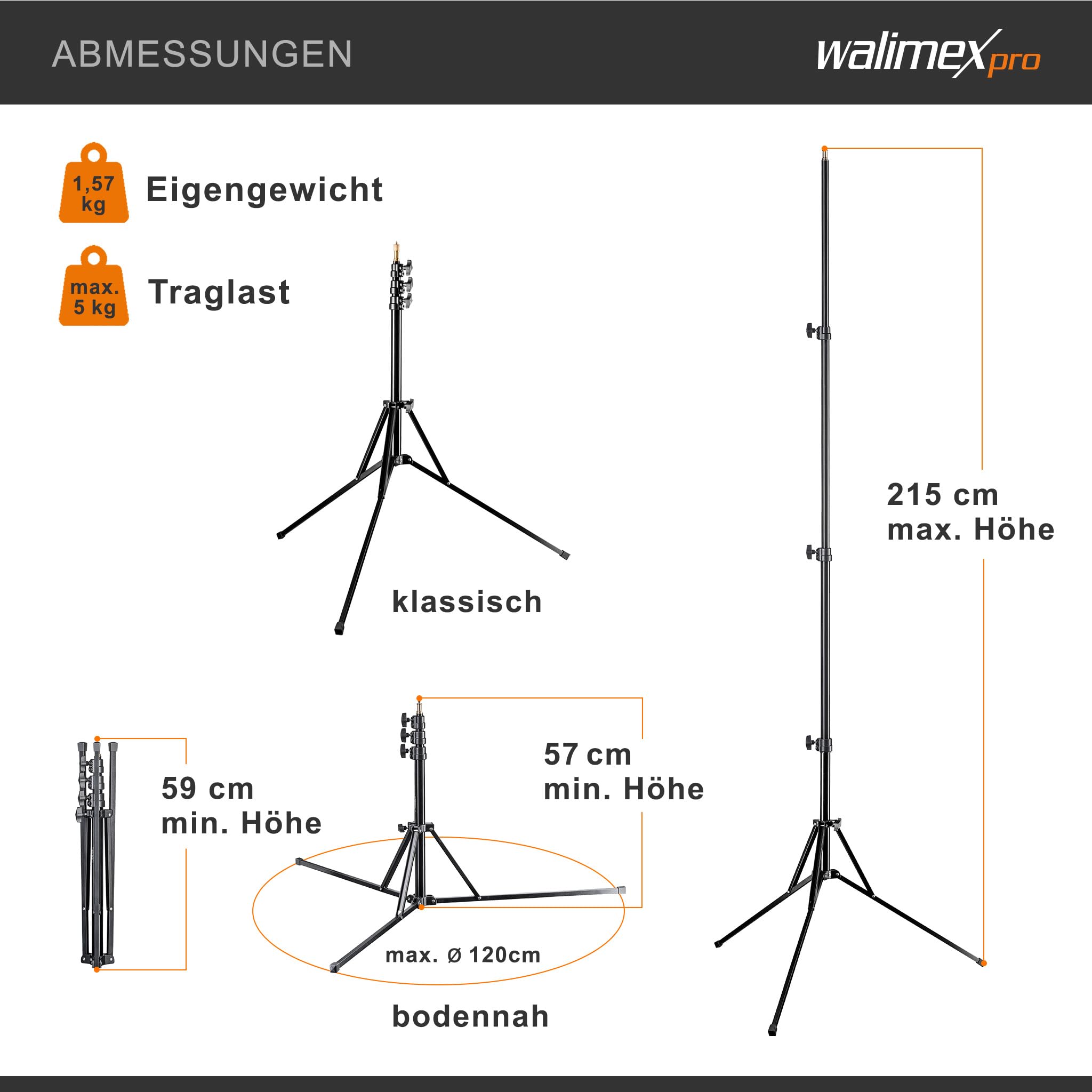 Walimex pro GN-806 Lampenstativ bis 215 cm Arbeitshöhe, Lichtstativ bis 5 kg Traglast, höhenverstellbares Blitzstativ aus Aluminium für Fotostudio und Mobil, für Video, Blitz, Softbox und Ringlicht