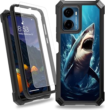 for Cricket Magic 2 5G 2024 U655AC/ATT Propel 2 5G U655AA Case,Heavy Duty Dual Layer Slim Shockproof Black Cover with Tempered Glass Screen Protector for Cricket Magic 2 5G,Shark in Sea