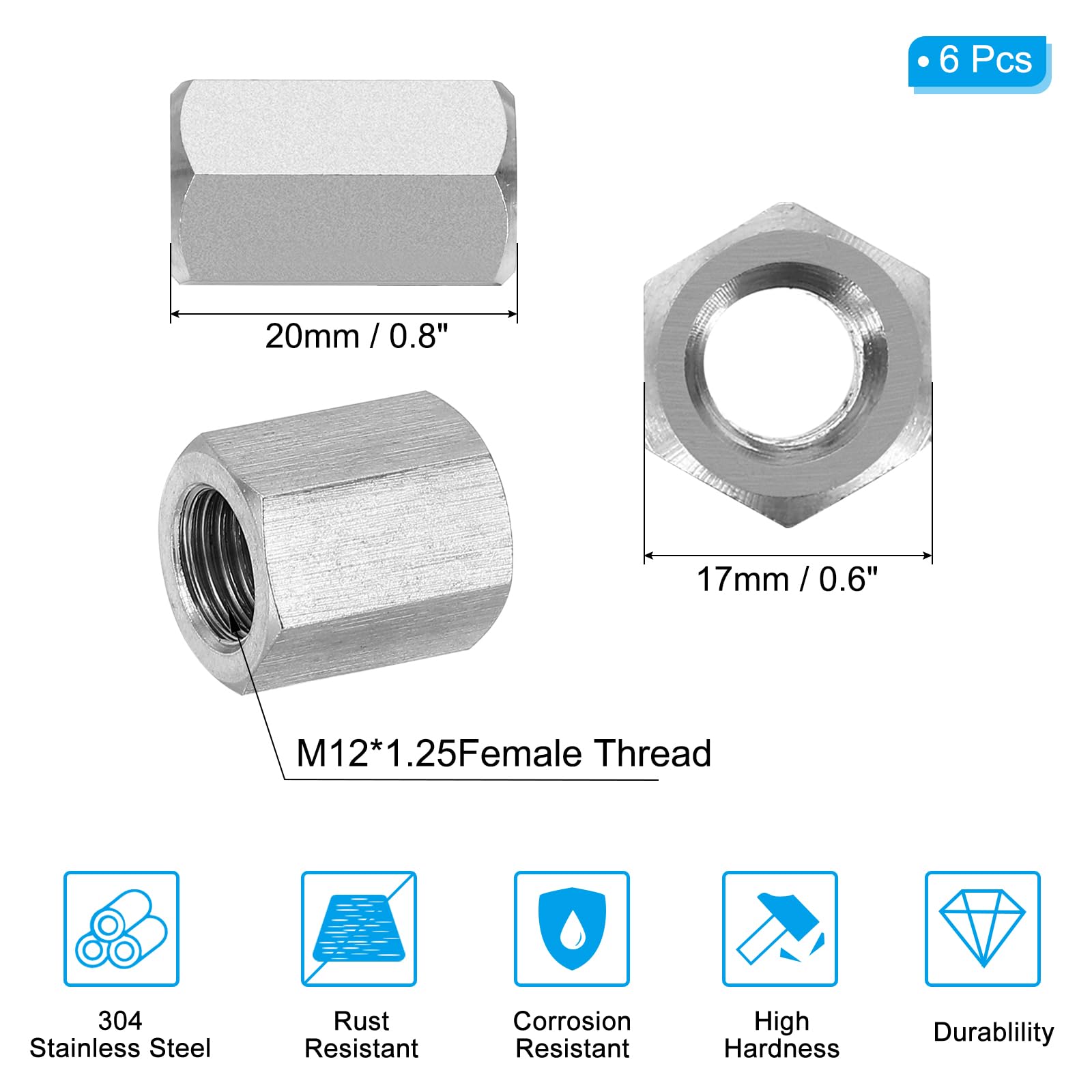 PATIKIL M12 x 1.25-Pitch 304 Stainless Steel Hex Coupling Nuts - Image 2