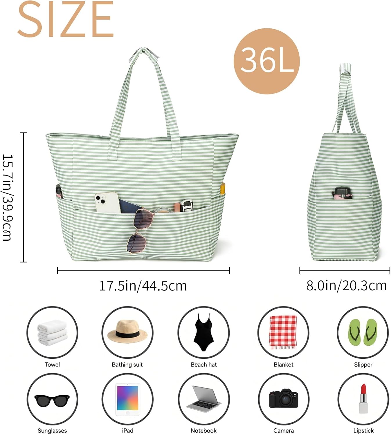 Beach Tote Bags for Women Large Beach Bag with Zipper Pool Bag for Gym Weekender Travel Water-resistant Sand-resistant - Image 3