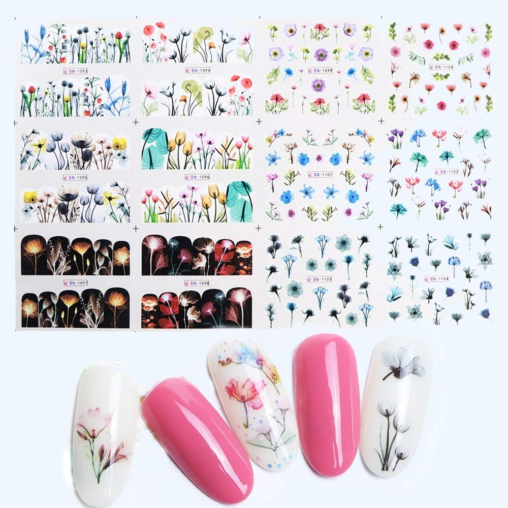12 Design Fiore in Fiore Trasferimento d'Acqua Adesivo per Unghie Arte Slider Floreale Decalcomania Avvolgente Completa Filigrana sulle Punte delle Unghie