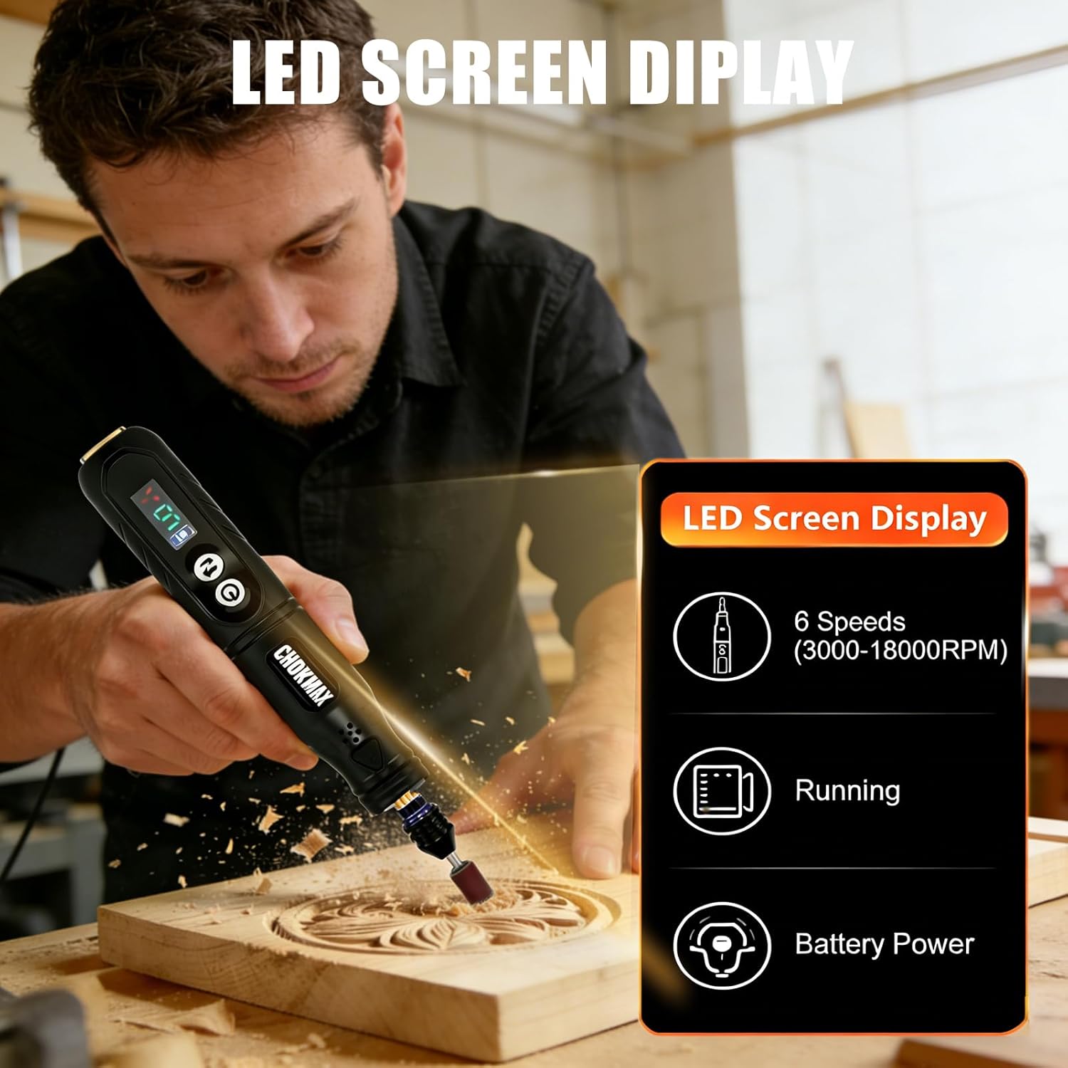 Cordless Rotary Tool, 6-Speed Working Sreen Display Grinder Kit with Universal Collet and Front LED Light, 68 Accessories Art Craft Tool for Engraving, Sanding, Polishing, Drilling, Grinding