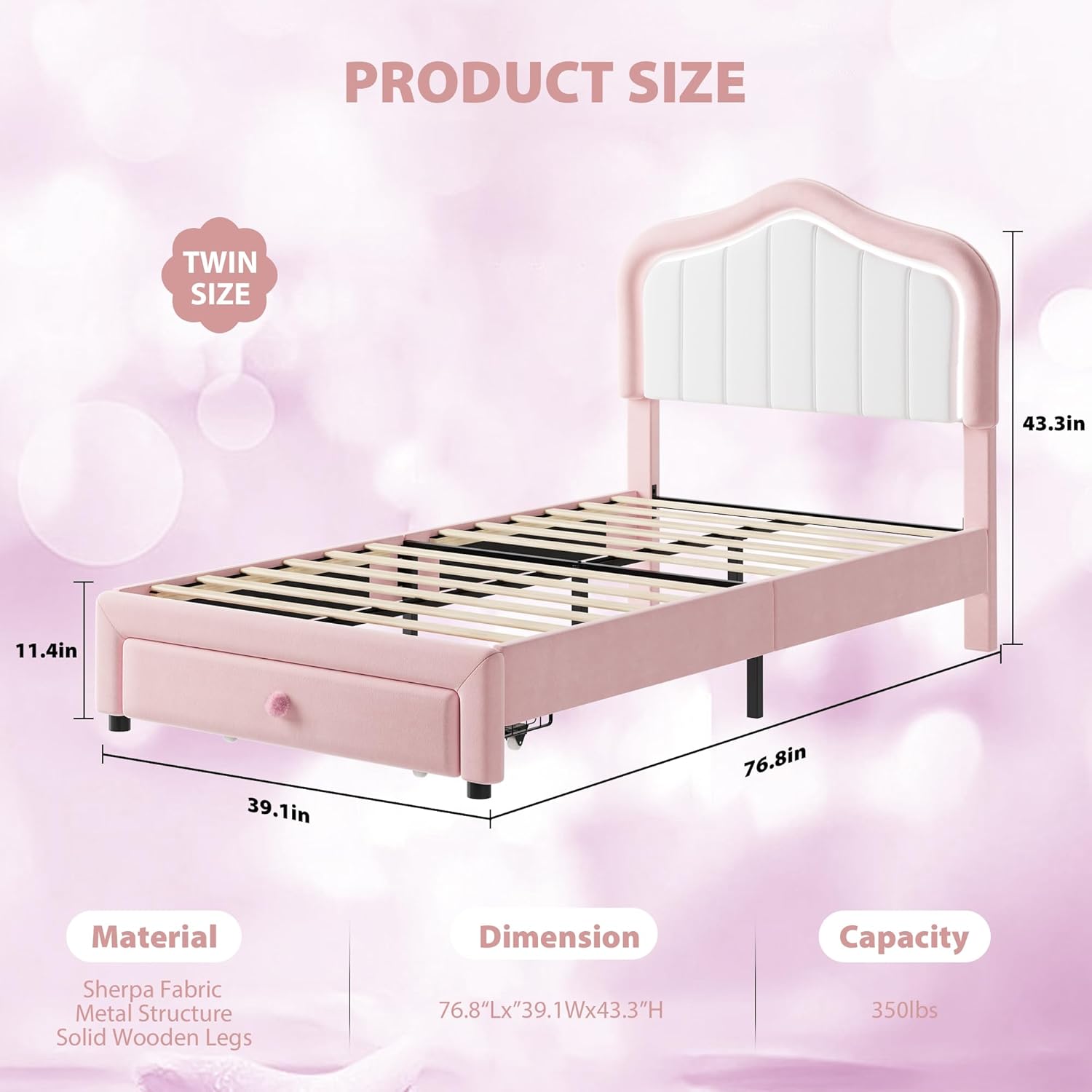 Twin Upholstered Bed Frame With Storage Drawer and Smart Led Headboard, Princess Twin Size Platform Bed Frames for Kids/Girls, Wooden Slats Support, No Box Spring Needed, Easy Assembly, Pink White