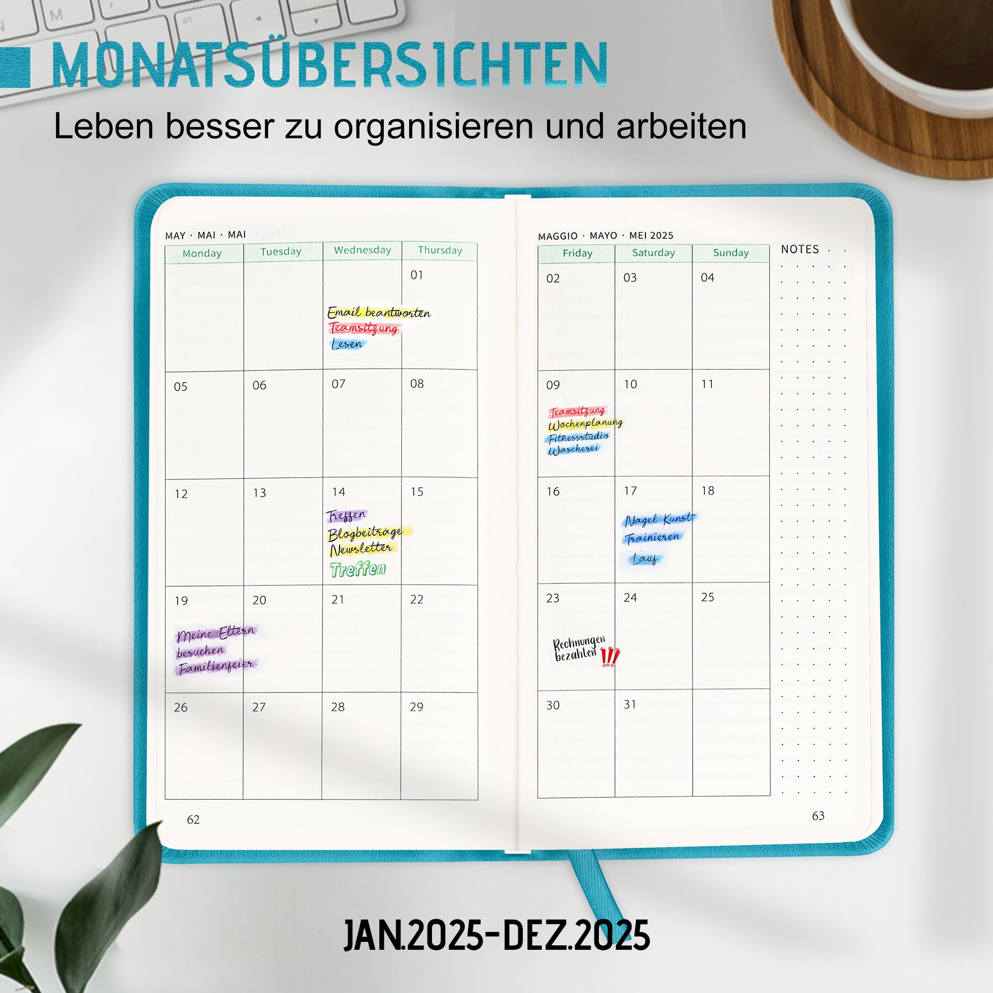 Jokisa Agenda Settimanale 2025 Tascabile, Agenda 2025 Piccola 1 Settimana 2 Pagine, Planner 2025 con Chiusura a Elastico e Segnalibro, circa A6 (16,5 x 9,5 cm), Gen.2025-Dic.2025