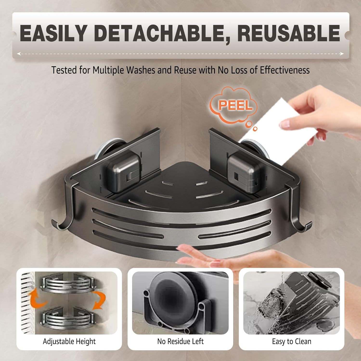 Conworld Corner Shower Caddy Suction Cups, Corner Shower Shelf for Inside Shower, Organizer Suction for Bathrooms Storage, No-Drilling Removable (Aluminum, 2-Pack, Gunmetal Gray)