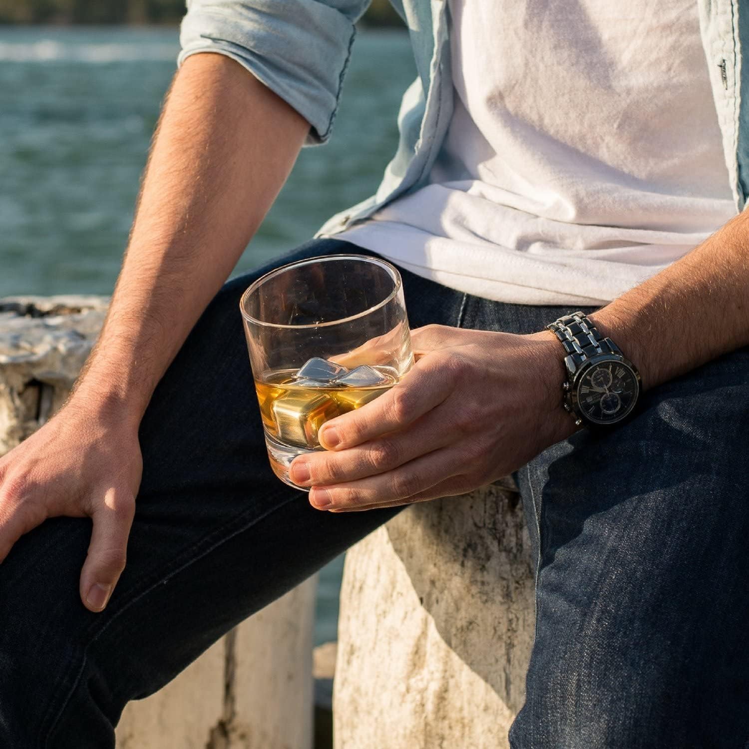 Get Discount 70% Price Whiskey Stones Luxury Gift Set - Stainless Steel Rocks 4 Gold + 4 Silver Combo - Reusable Ice Cubes with Barman Tongs and Freezer Tray | by Southern Chill
