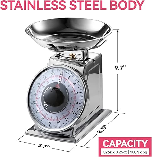 Miniatura 5 de Tada Báscula analógica de alimentos con porciones precisas de 2 libras, de acero inoxidable, 32 onzas, báscula mecánica de cocina, cuenco extraíble,
