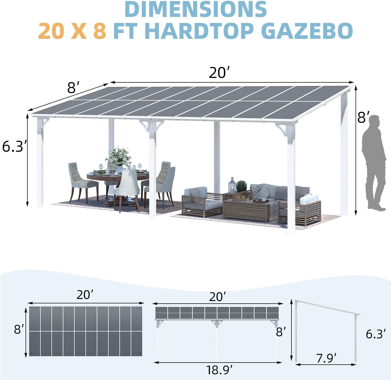 Diagram showing the dimensions of the 20 x 8 ft hardtop gazebo