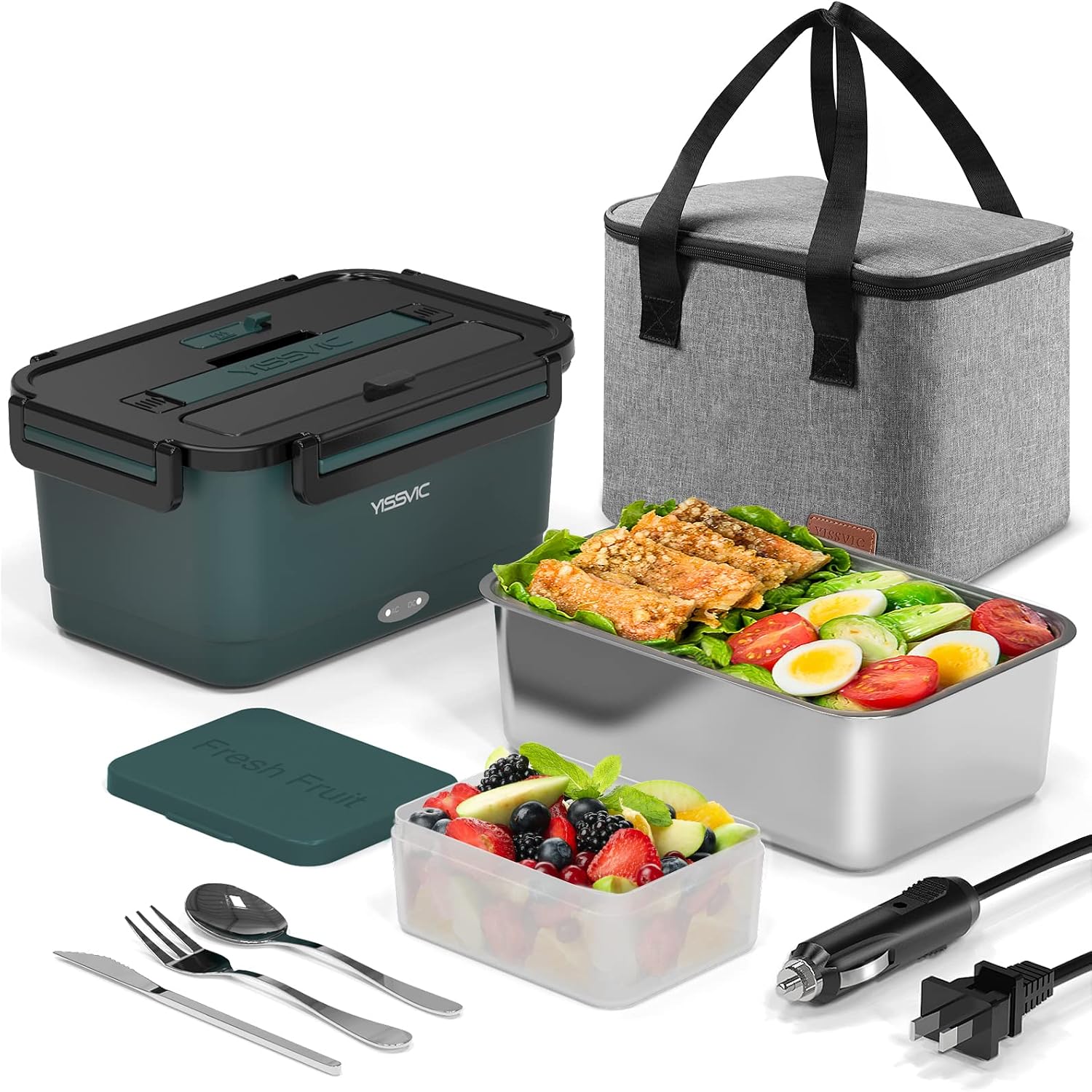 YISSVIC Electric Lunch Box for adults, 12V 24V 110V 3 in 1 Leakproof Portable Food Heater for Car and Home, with 1.7L Removable 304 Stainless Steel Container, 1 Fork, 1 Spoon and 1 Insulated Lunch Bag