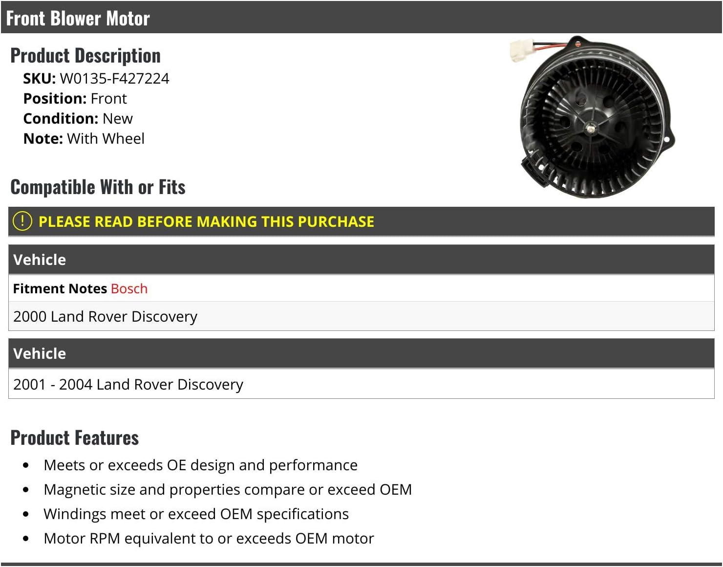 Front Blower Motor - with Wheel - Compatible with 2000-2004 Land Rover Discovery