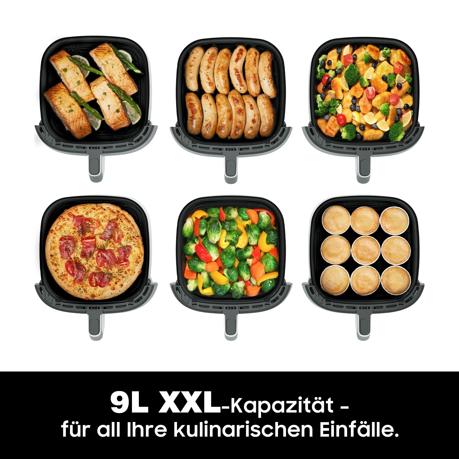 Heißluftfritteuse 9L Airfryer– 2350W Heissluftfritteuse für schnelles Garen, Fritteuse ohne Öl Mit Fenster, 9 Programme, Ohne PFAS, Shake-Erinnerung, Warmhaltefunktion, 40–200°C