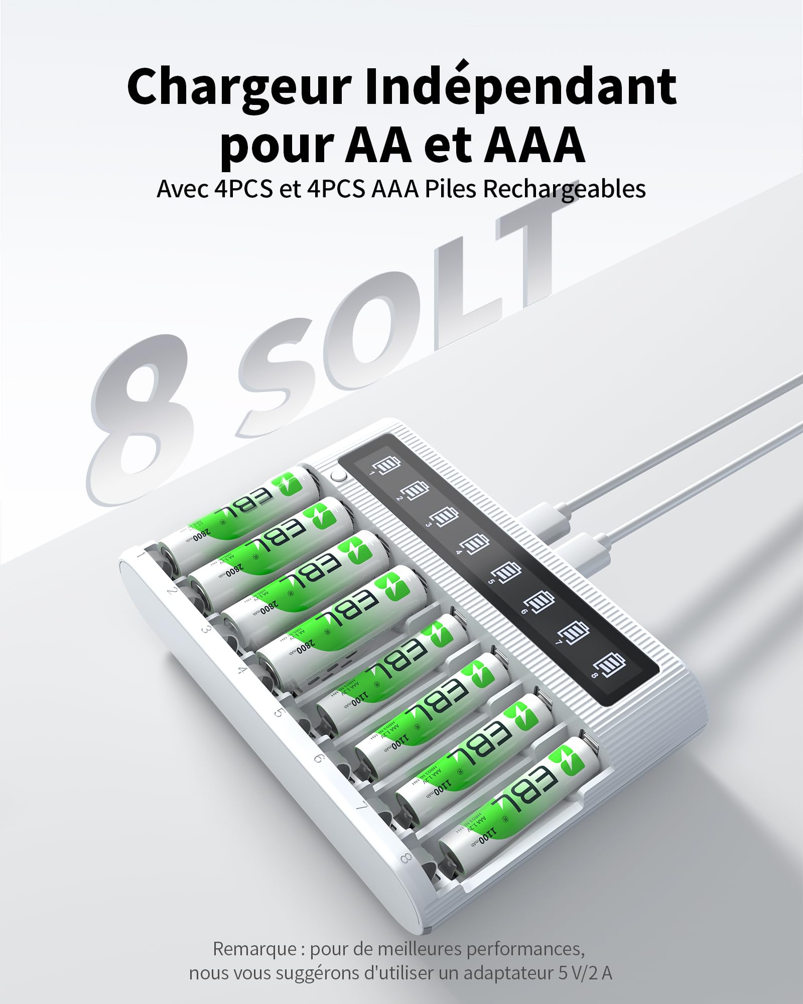EBL LCD Chargeur de Piles Rechargeables- avec 4PCS AA 2800mAh et 4PCS AAA 1100mAh Piles Rechargeables, Charge Rapide 5V/2A, avec Fonction de Décharge
