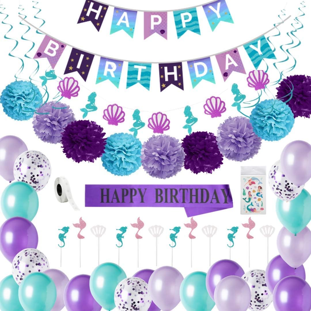 Artunique Mermaid Party Supplies- Mermaid Party Decorations, Mermaid Birthday Decorations, Birthday Decorations for Girls, Banner, Pom Poms, Cupcake Toppers, Balloons, Swirls, Garland, Sash, Tattoos