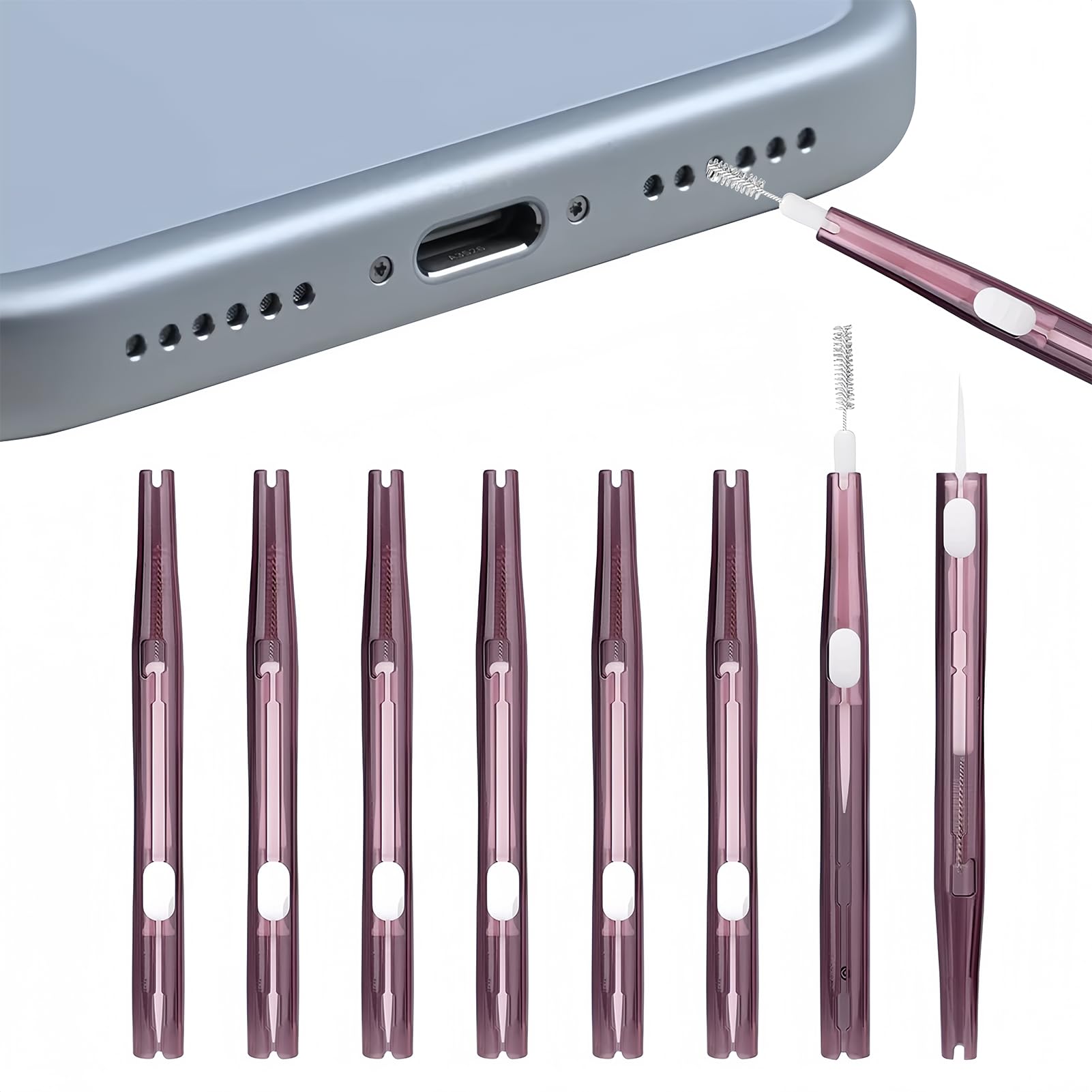 10pcs Phone Cleaning Kit, Charging Port Cleaner with Hook and Bristles, Double-Sided Anti-Clogging Brush for USB C, Phone, Earbud Speaker, Receiver, Headphone, Tablet and Camera(Purple)