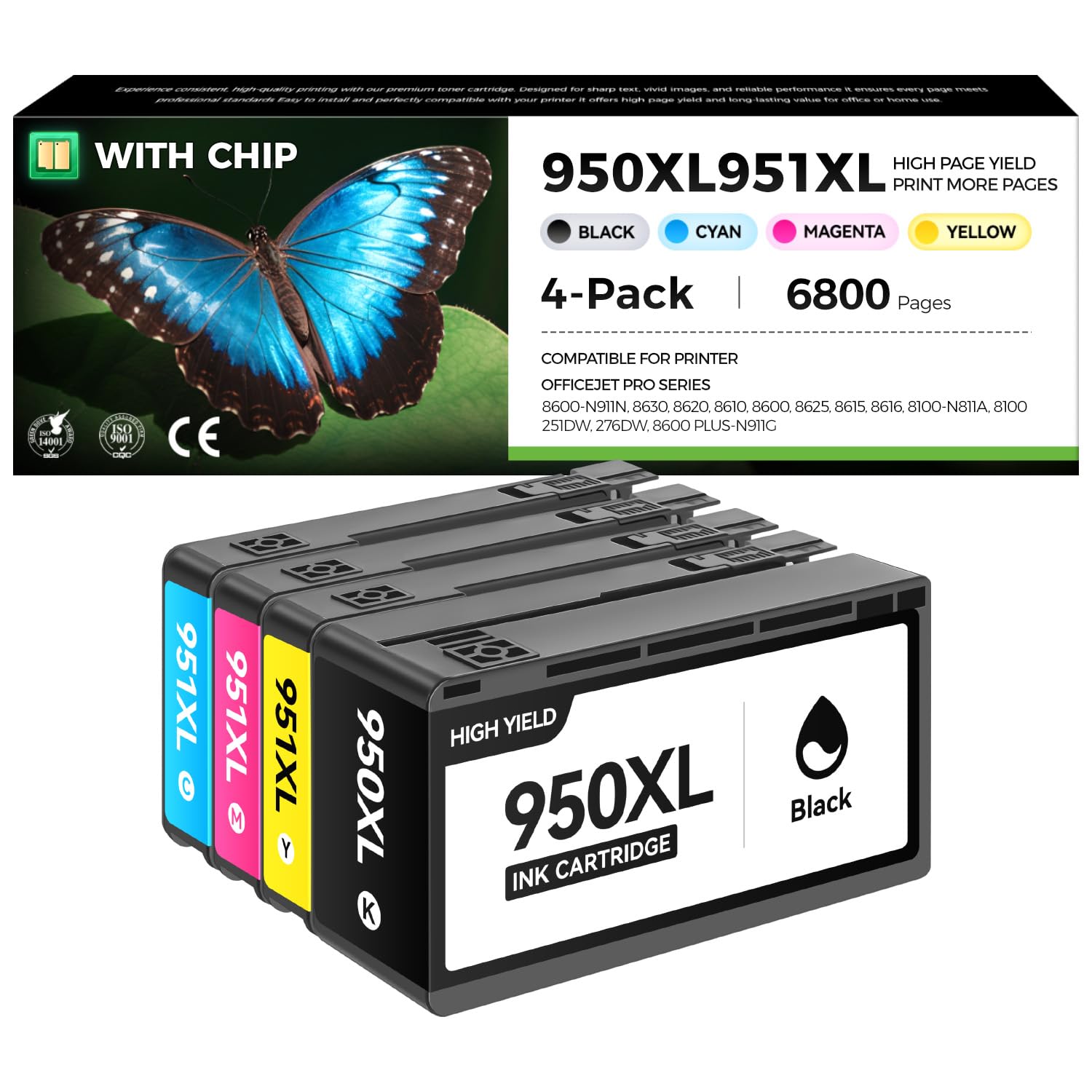 950XL and 951XL Ink Cartridges Combo 4Pack High-yield Replacement for HP 950 951 Ink Compatible with OfficeJet Pro 8600 251dw 276dw 8100 8610 8620 8630 8615 8625 8660 Printer Black Cyan Magenta Yellow