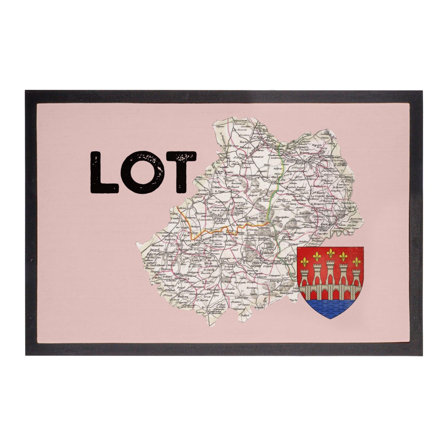Paillasson Rose Carte Ancienne Cahors 60x40cm, le cadeau idéal pour amoureux du Lot