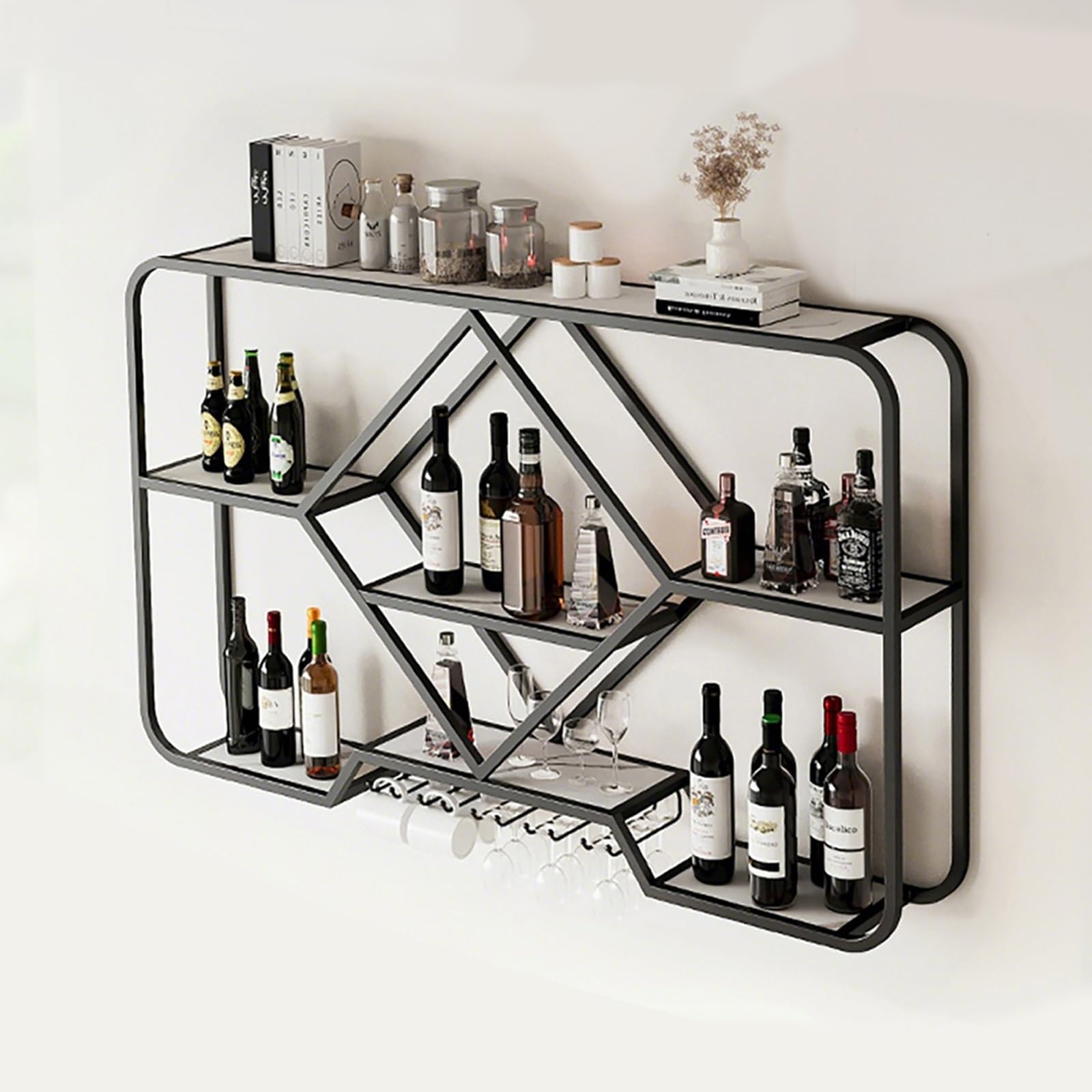 Étagère à vin murale avec porte-verres suspendu en métal noir pour grand rangement de bouteilles