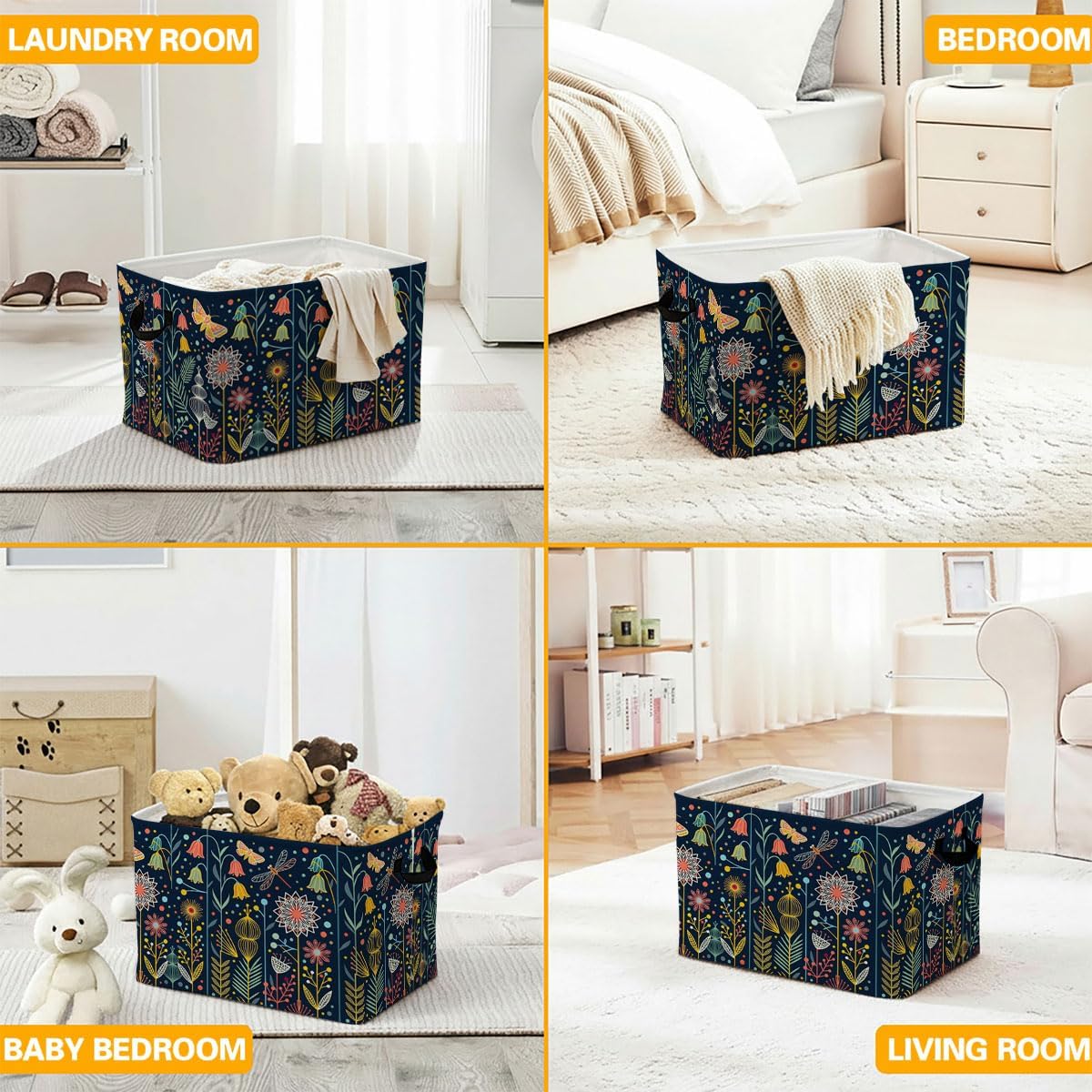 Whimsical Folk Art Laundry Hamper, 56L Large Foldable Laundry Basket with Handles, for Family Clothes, Toy Storage Bin, Blankets,Decorative Organizer for Shelves & Closet Home Decor Bedroom & Nursery image 5