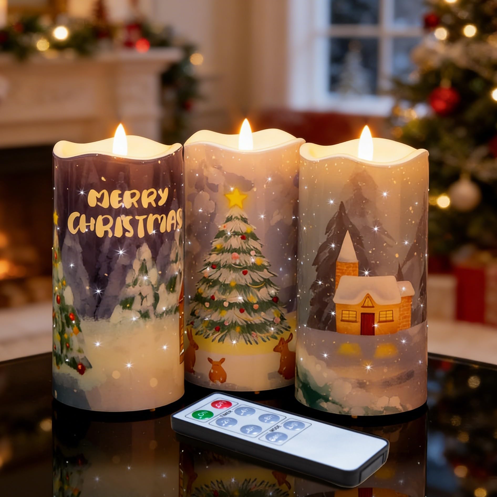 Eywamage Fiber Optic Flameless Candles with Remote, Flickering Battery Operated Christmas LED Pillar Candles Set of 3