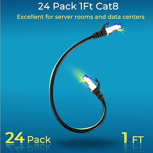 Miniatura 2 de Rapink Patch Cables Cat8 - Paquete de 24 cables de conexión Ethernet Cat8 delgados de 1 pie, soporte 40G, cable de conexión Cat 8 sin enganches para