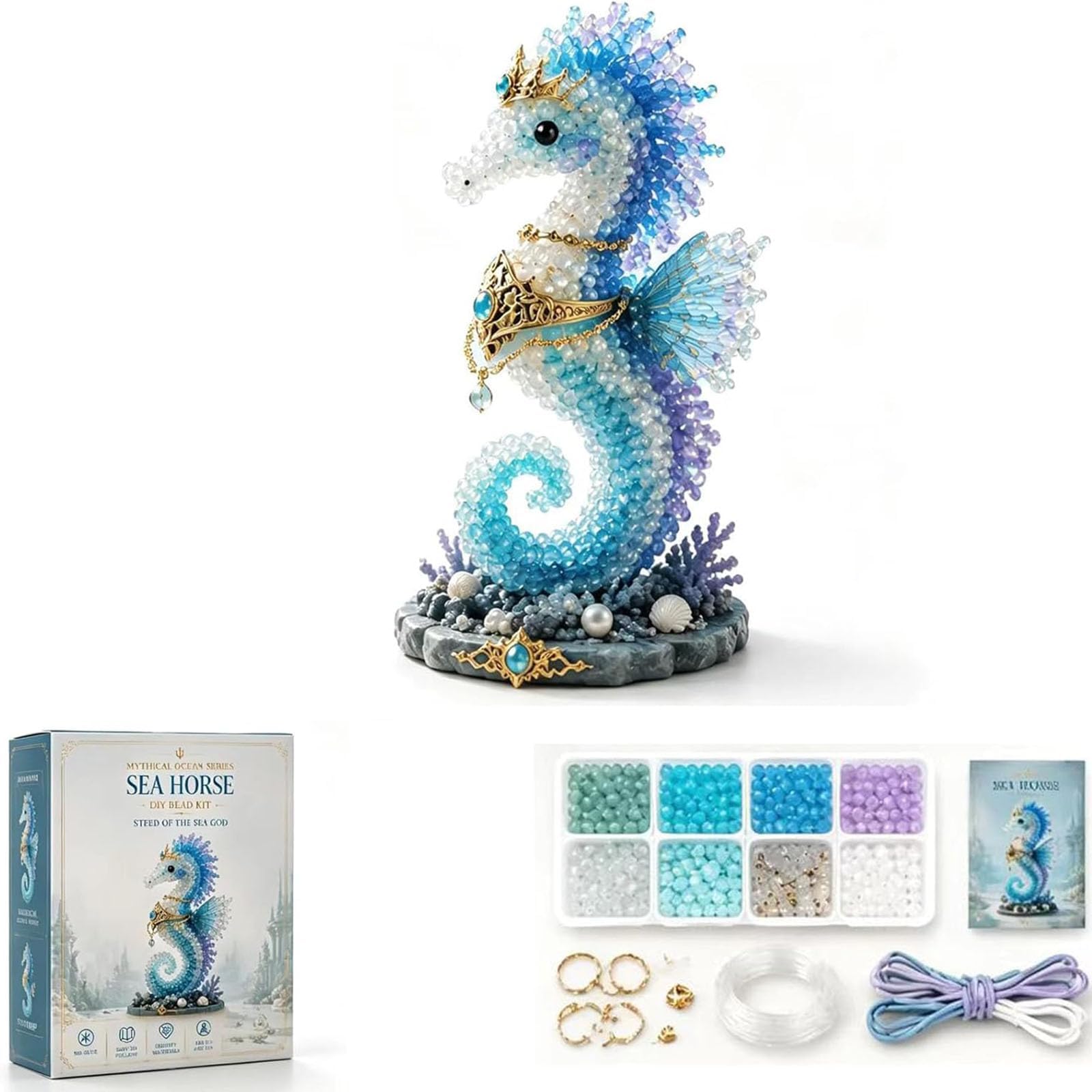 Mythical Ocean DIY Bead Kit for Beginners, 3D Beaded Animal Making Kit with Instructions, 8 Unique Sea Animal Designs with Glass Beads and Pattern Guide, Underwater Bead Embroidery Set (E)