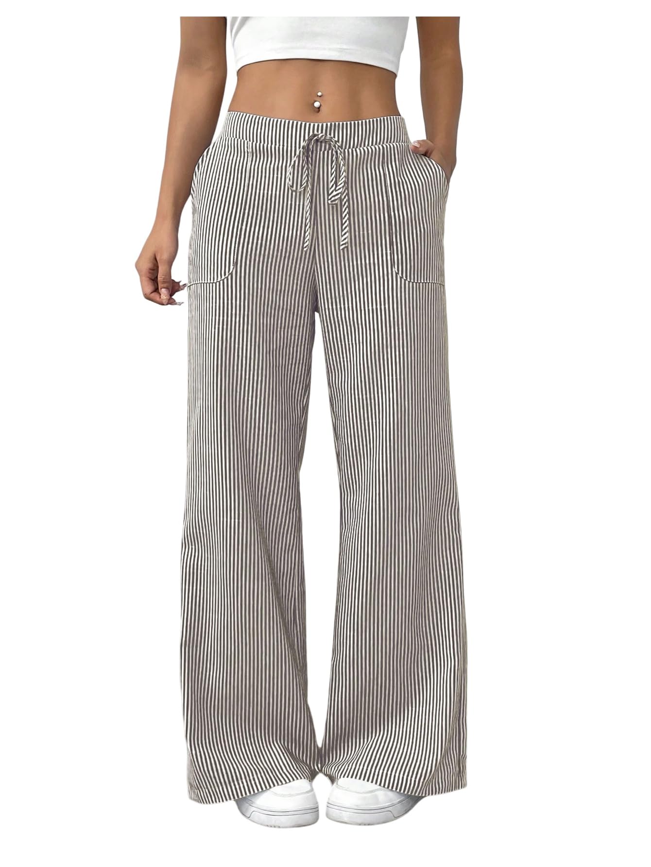 SHENHE Womens Striped Wide Leg Pants Elastic Waist Y2k Low Rise Loose Pants Trousers