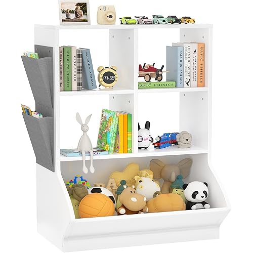 Aheaplus Toy Storage Organizer with Bookcase, 40'' Tall 5 Cubby Bookshelf Toy Storage Cabinet, Open Multi-Bins Wooden Toys&Books Storage Display Organizer for Playroom, Bedroom, Nursery, School, White