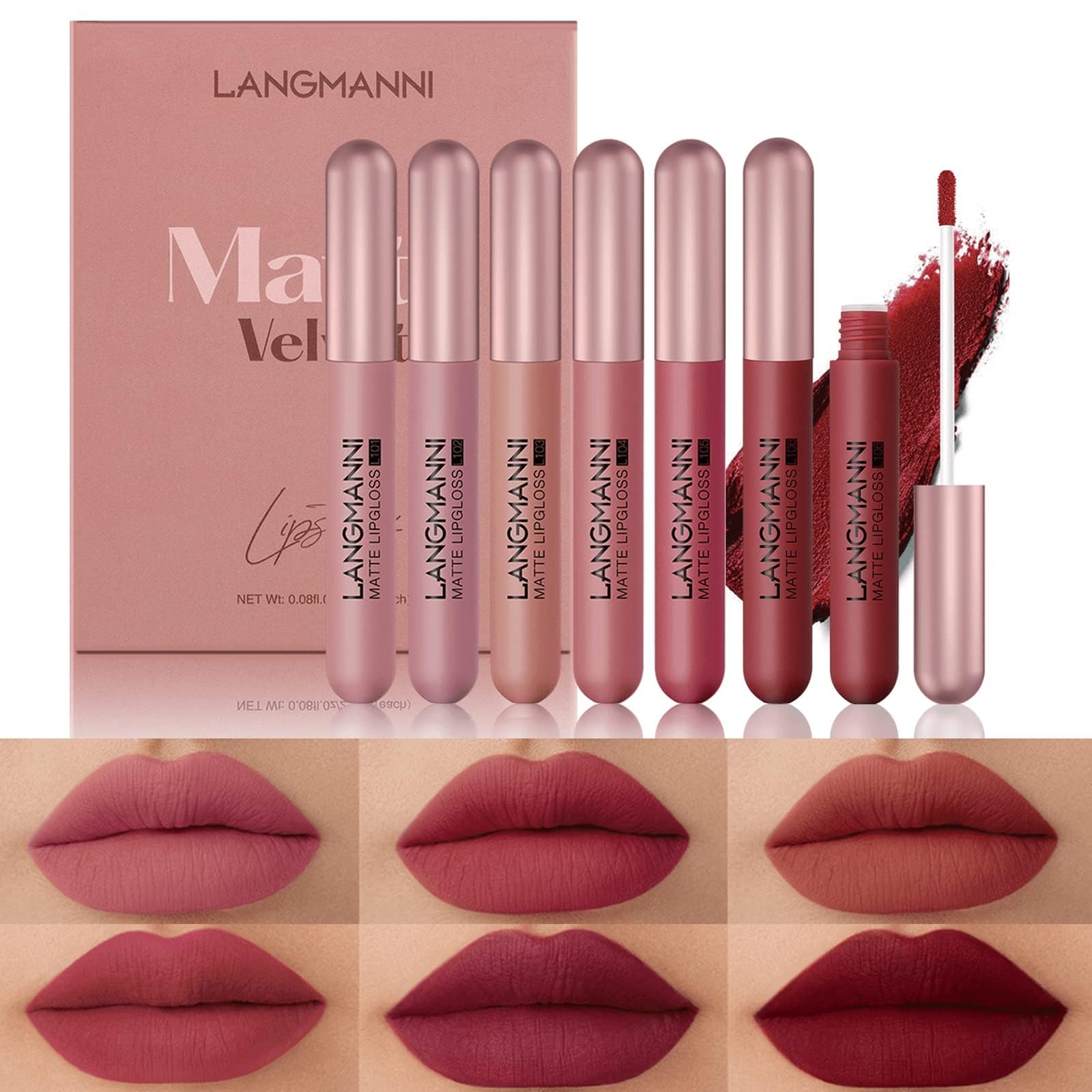 6 Pcs Matte Liquid Lipstick Set, Velvet Muddy Finish, Dark Red Burdy Mini Lip Stain, Long Lasting 24 Hours Waterproof Smudge Proof Lip Gloss, Permanent Blush, Lip Makeup Gift Kit