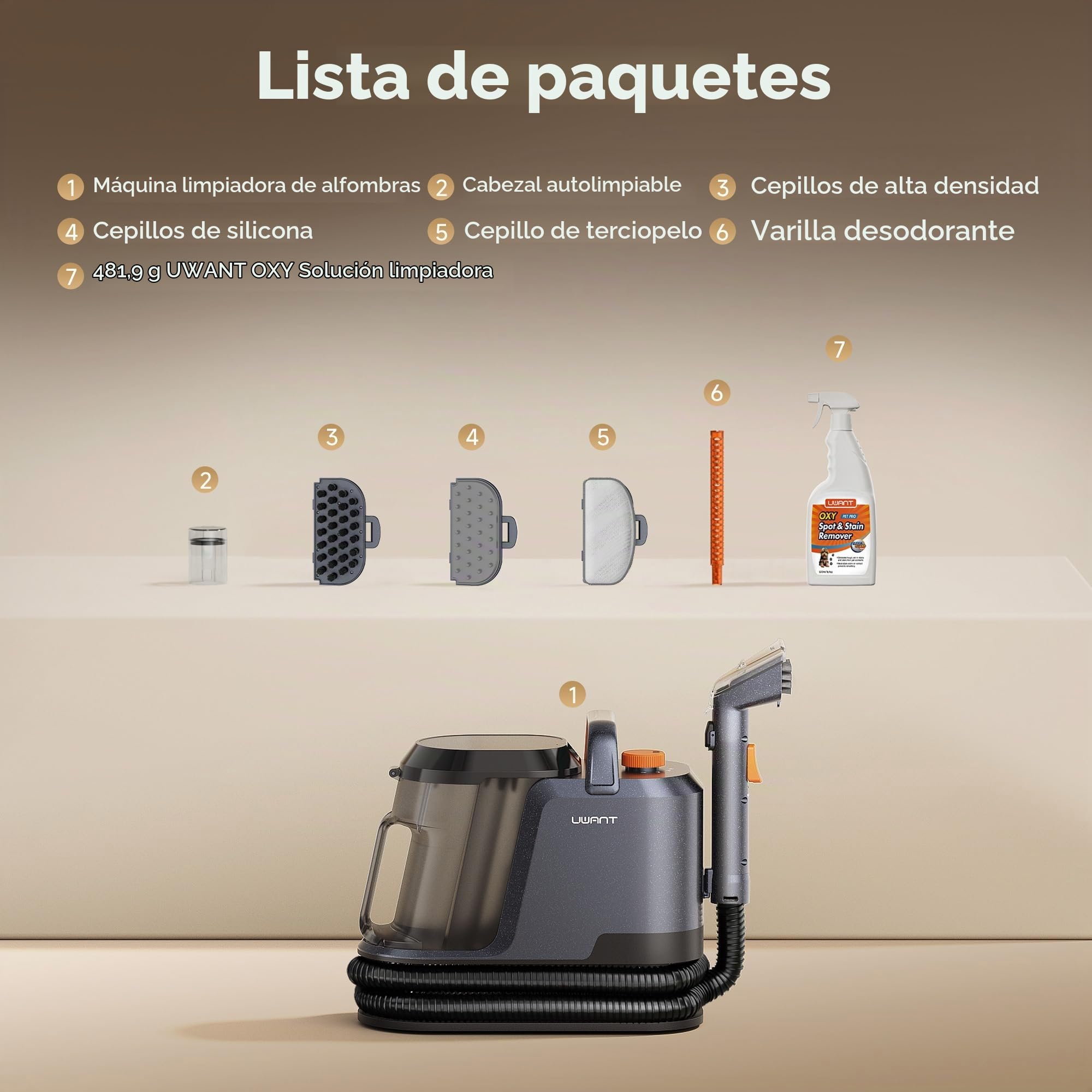 Uwant Máquina Limpiadora de Alfombras 22Kpa Aspiradora Portátil para Mascotas, Limpiador de Tapicerías con Solución Oxy Set de 1 para Manchas, Autos, Alfombras, Muebles